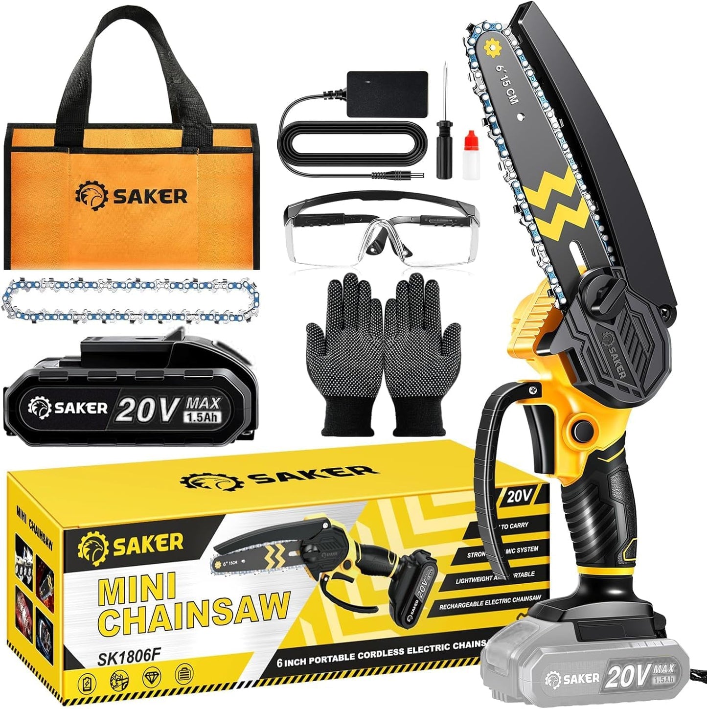Saker Mini Chainsaw Cordless 6-Inch-Switch Security Lock-Cordless Power Chain Saws-Handheld Small Chainsaw for Cutting Wood Trimming and Woodworking- Mini Chain Saw Cordless with 2 Batteries
