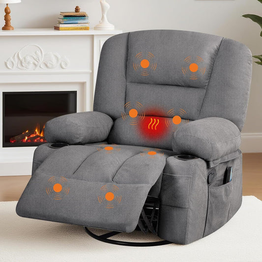 360° Swivel Recliner Chair with Heat ＆ Massage, Widen Overstuffed Single Sofa Lounge Chair with Side Pockets Cup Holders for Living Room,Bedroom, RV, Gray