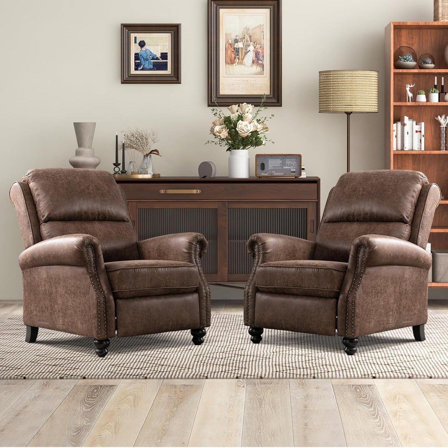 CANMOV Pushback Recliner Chair Faux Leather Armchair Push Back Recliner with Rivet Decoration Single Sofa Accent Chair for Living Room, Chocolate