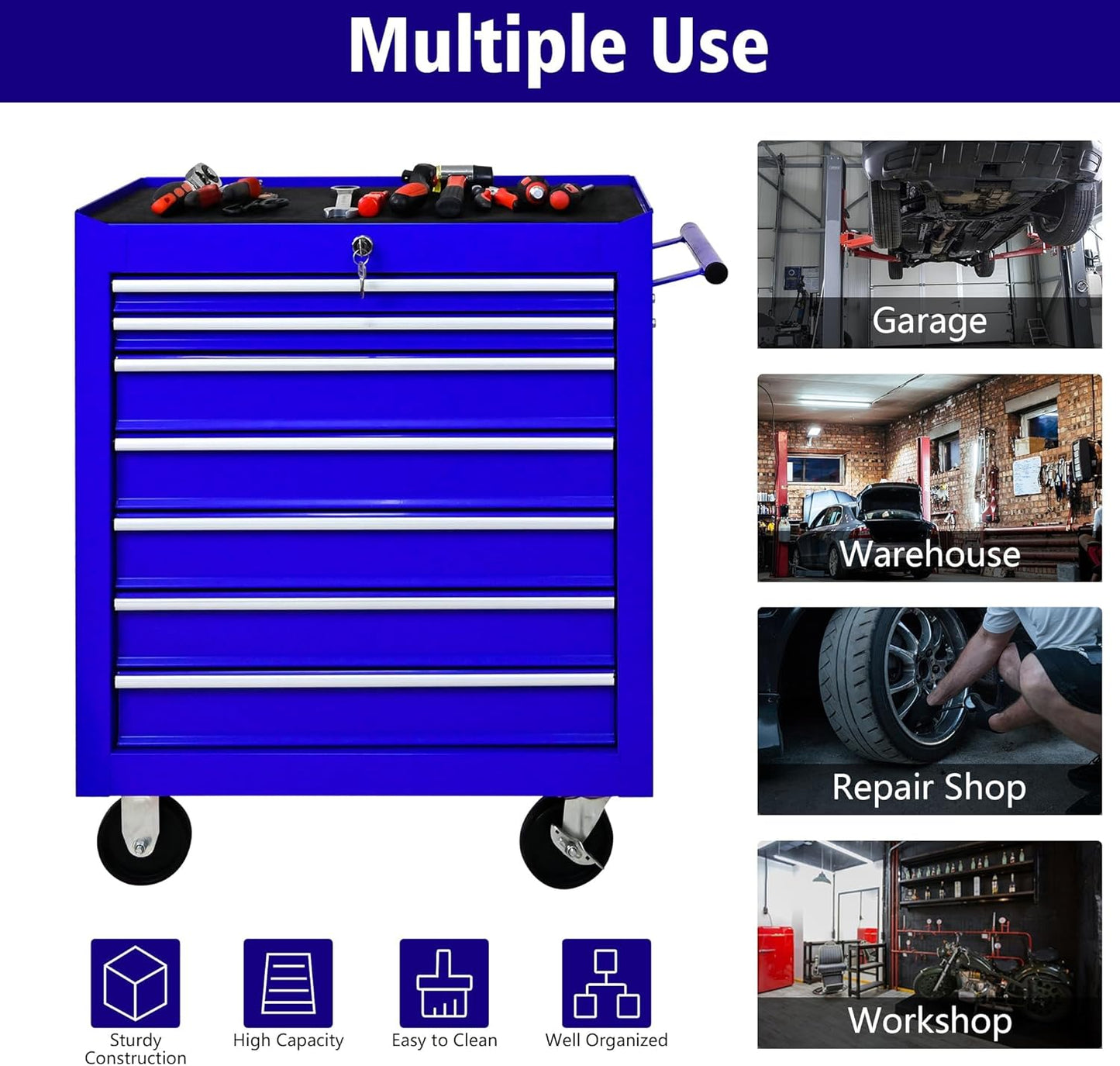 7 Drawer Tool Chest with Wheels,Metal Locking Rolling Tool Box with Tool Organizer Trays for Tool Storage Organizer,Portable Standing Mechanic Toolbox for Garage,30 in Tall Tool Cabinet Blue