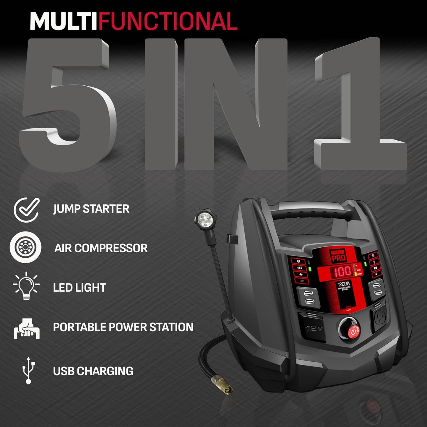 Schumacher Electric Jump Starter and Portable Power Station, 5-in-1 with Inverter, Air Compressor, and Work Light, SPR1631-1200 Peak Amps, 12 Volt, for Cars, Trucks, RV's and Marine Batteries