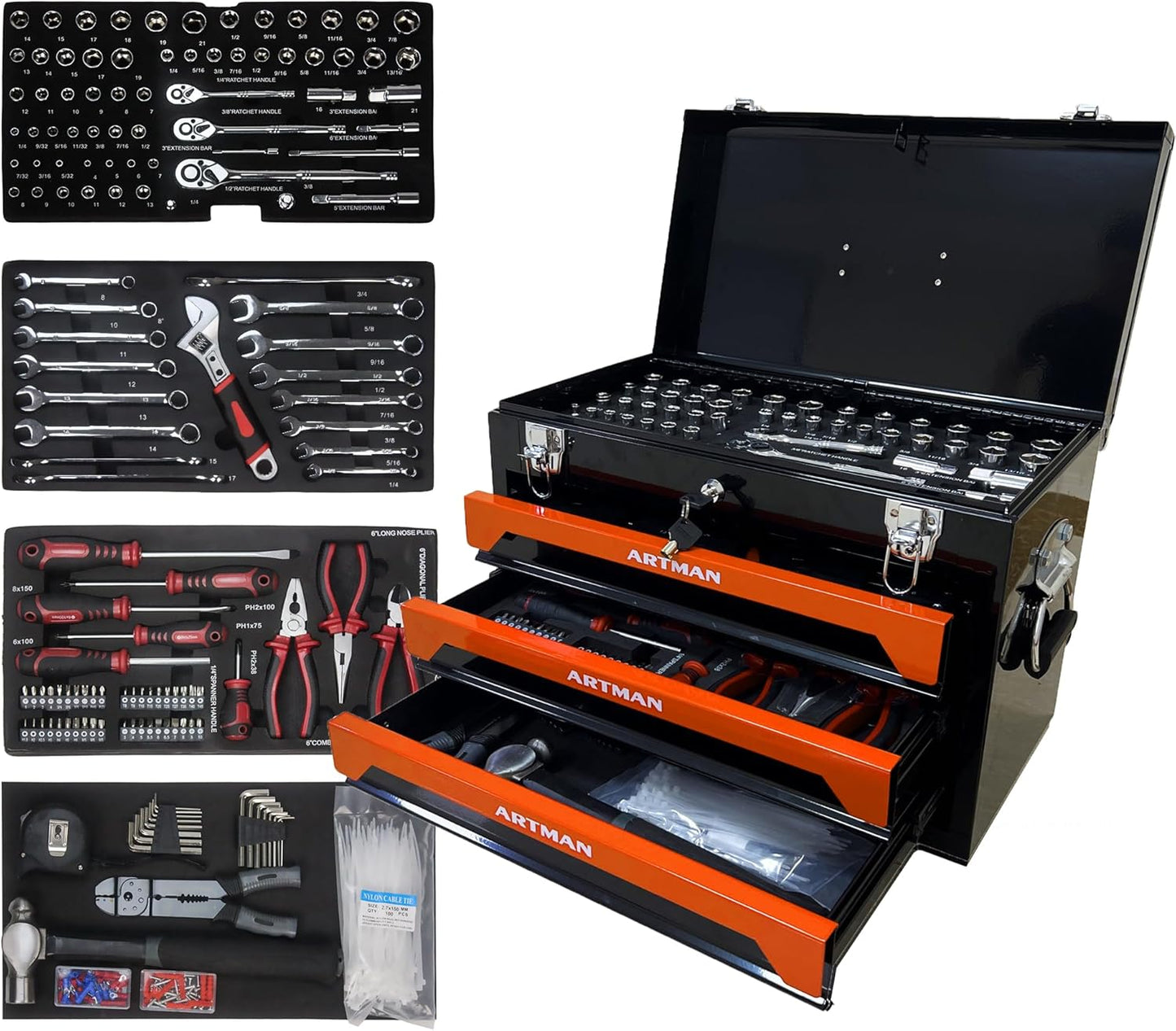 Campfun 439PCS Tool Set, Mechanic Tool Set for Home, Tool Box Set 4-Tier Socket Wrench Ratchet Plier Nails, Home Tool Set Mechanics Kit with 3 Drawers for Adults Man Handyman, Black