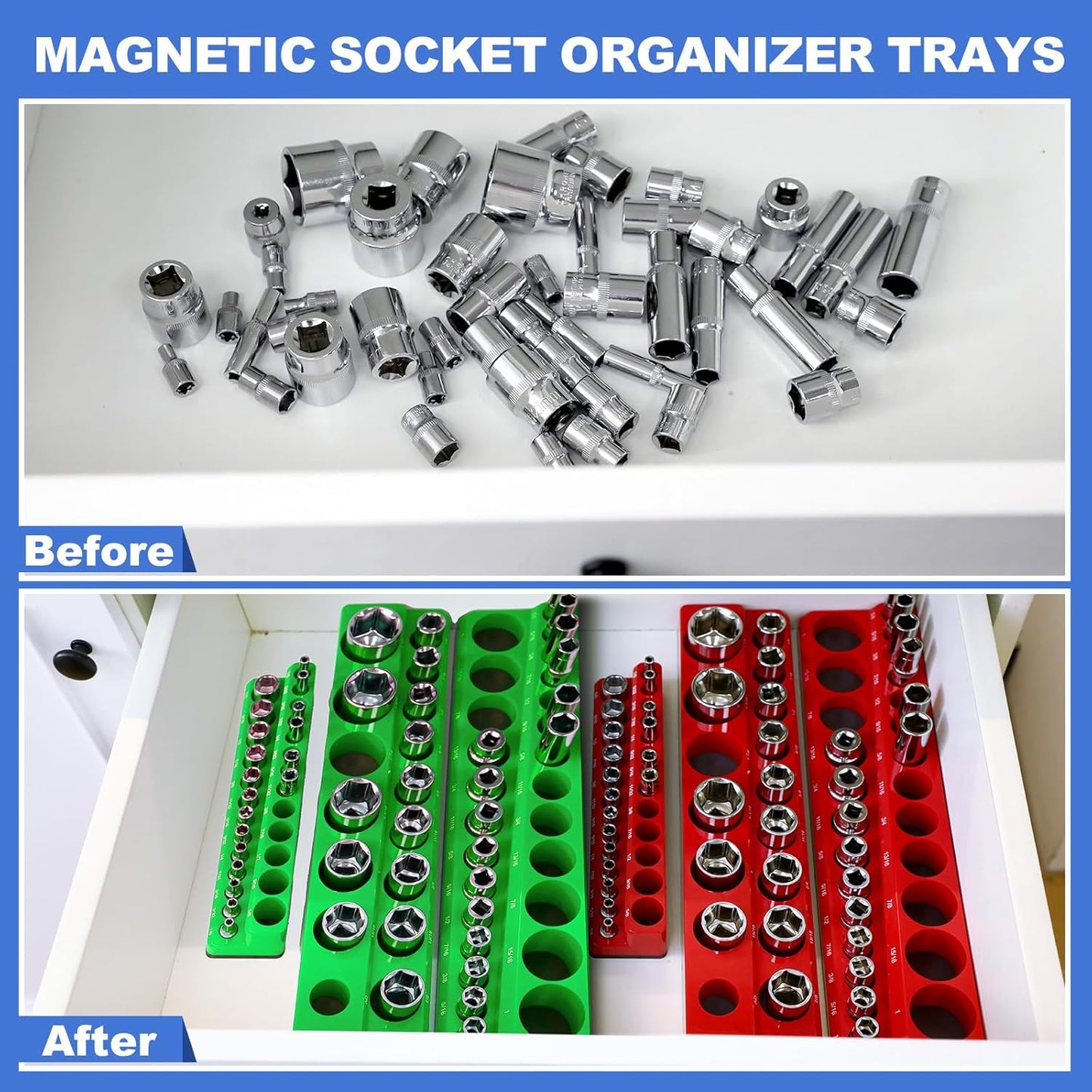 12 Pcs Magnetic Socket Organizer Set Compatible with SAE and Metric Magnetic Holders 1/4'', 3/8'', 1/2'' Drive Socket Trays Hold 286 Standard and Deep Size, No Sockets(Colors A)
