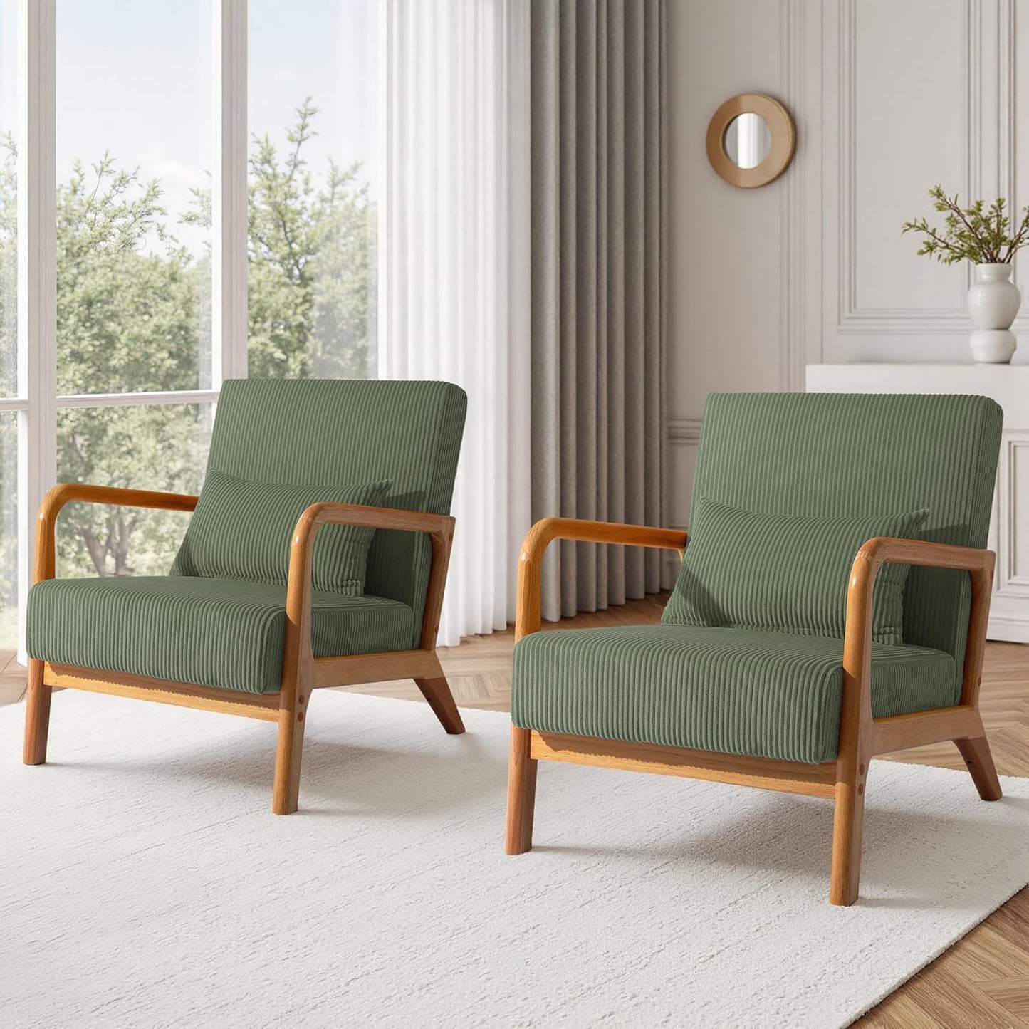 UIXE PU Leather Accent Chairs Set of 2, Upholstered Armchair for Living Room, Modern Arm Chair Comfy Single Sofa Bedroom Reading Seat with Lumbar Pillow - Hunter Green
