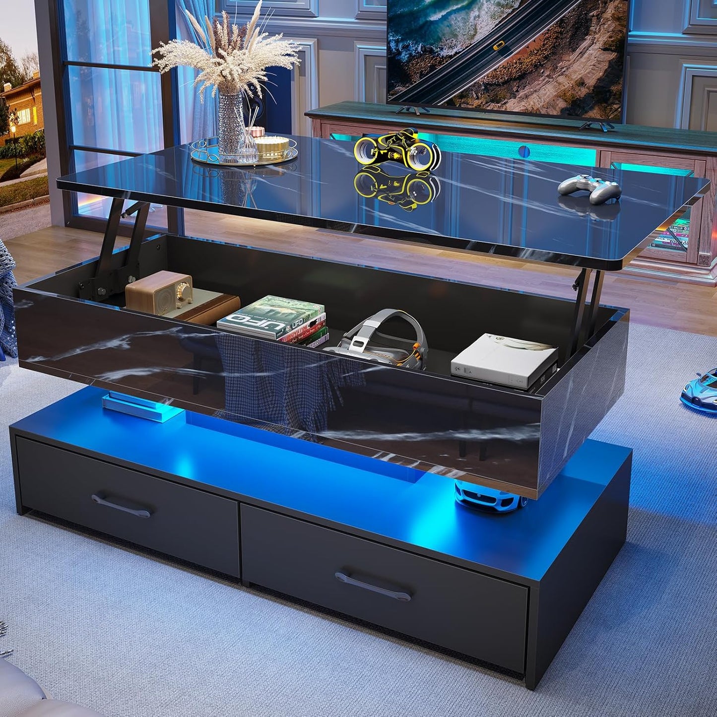 SEDETA 40" Lift Top Coffee Table, Coffee Tables with Storage for Living Room, Small Coffee Table with 2 Drawers & LED Light for Dining Reception Room, Black