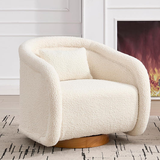 360 Degree Swivel Barrel Chair, Comfy Upholstered Accent Chair Modern Teddy Fabric Swivel Chair Pumpkin-Shaped Arm Chair for Living Room Bedroom Apartment Office （White）