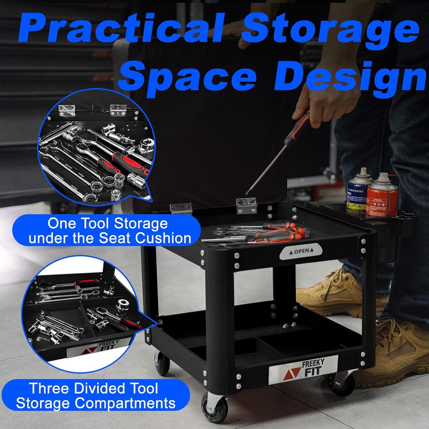 Rolling Creeper Garage Shop Seat for Men, Padded Mechanics Stool with Tool Tray Storage for Garage, Rolling Workshop Stool with Wheels, Auto Creeper Seat, 330 LBS Capacity, Heavy Duty, Black