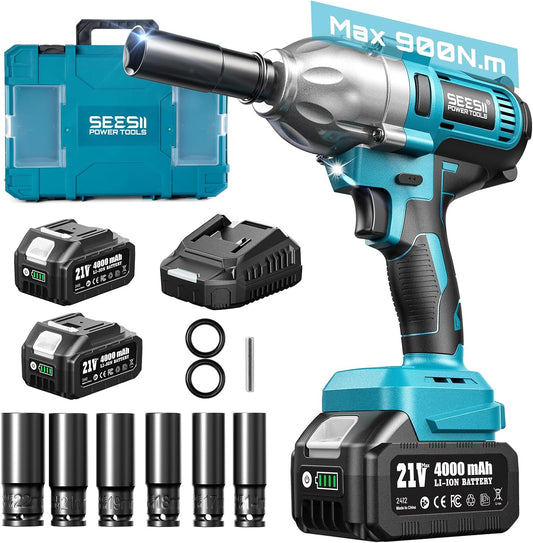 Seesii Impact Wrench 665 FT-LBS(900N.m) 3300IPM 1/2 Impact Gun High Torque Electric Cordless Impact Wrench with 21V 2x4.0Ah Battery 6 Sockets and Case for Home Car Truck Tire Lug Nut Removal Tool Set
