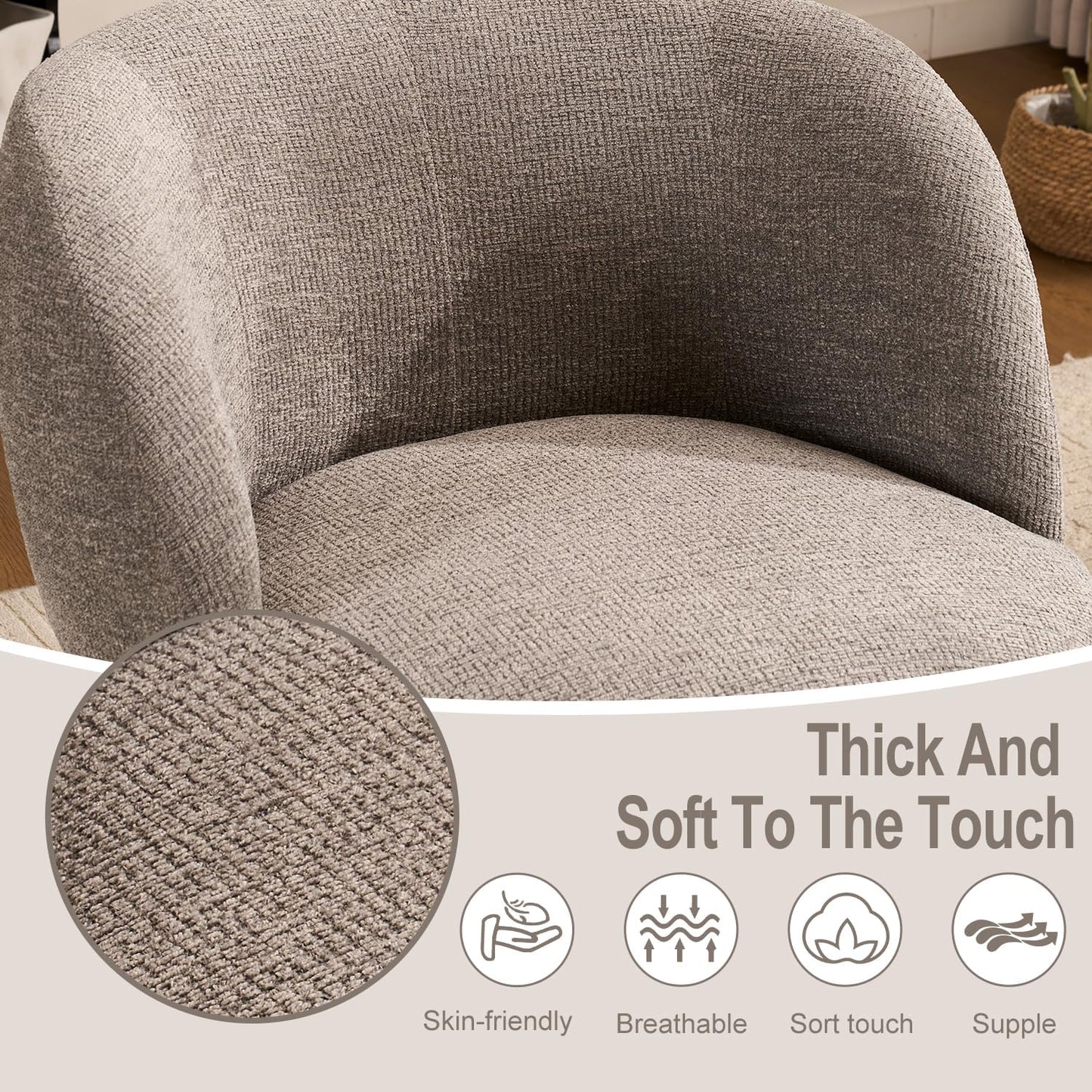 360° Swivel Accent Chair, Upholstered Modern Lounge Sofa with Curved Hemming Arms, Barrel Vanity Chair for Living Room Bedroom and Dressing Room (Gray)