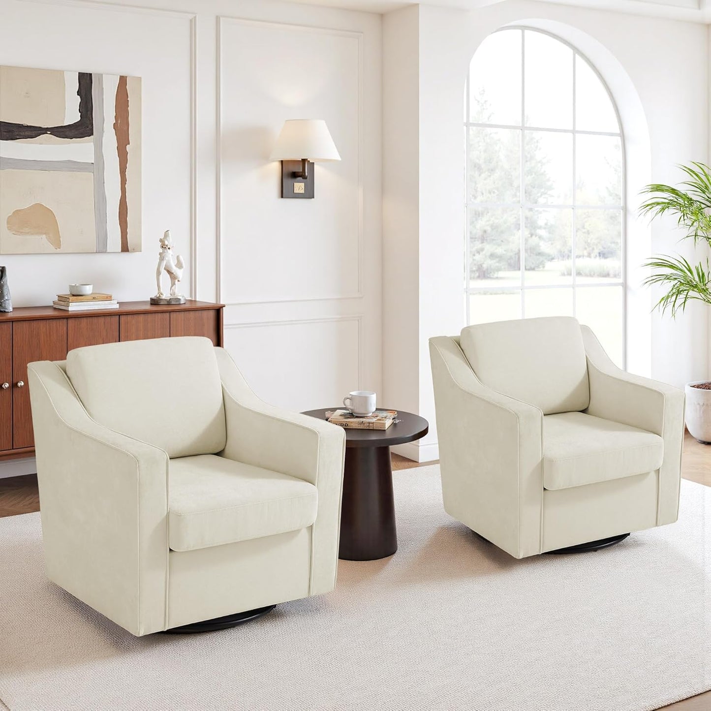 UIXE Swivel Accent Chair Set of 2, Chenille Upholstered Arm Chair for Living Room, Modern Club Armchair Comfy Single Sofa Bedroom Reading Seat with Lumbar Pillow - Coffee
