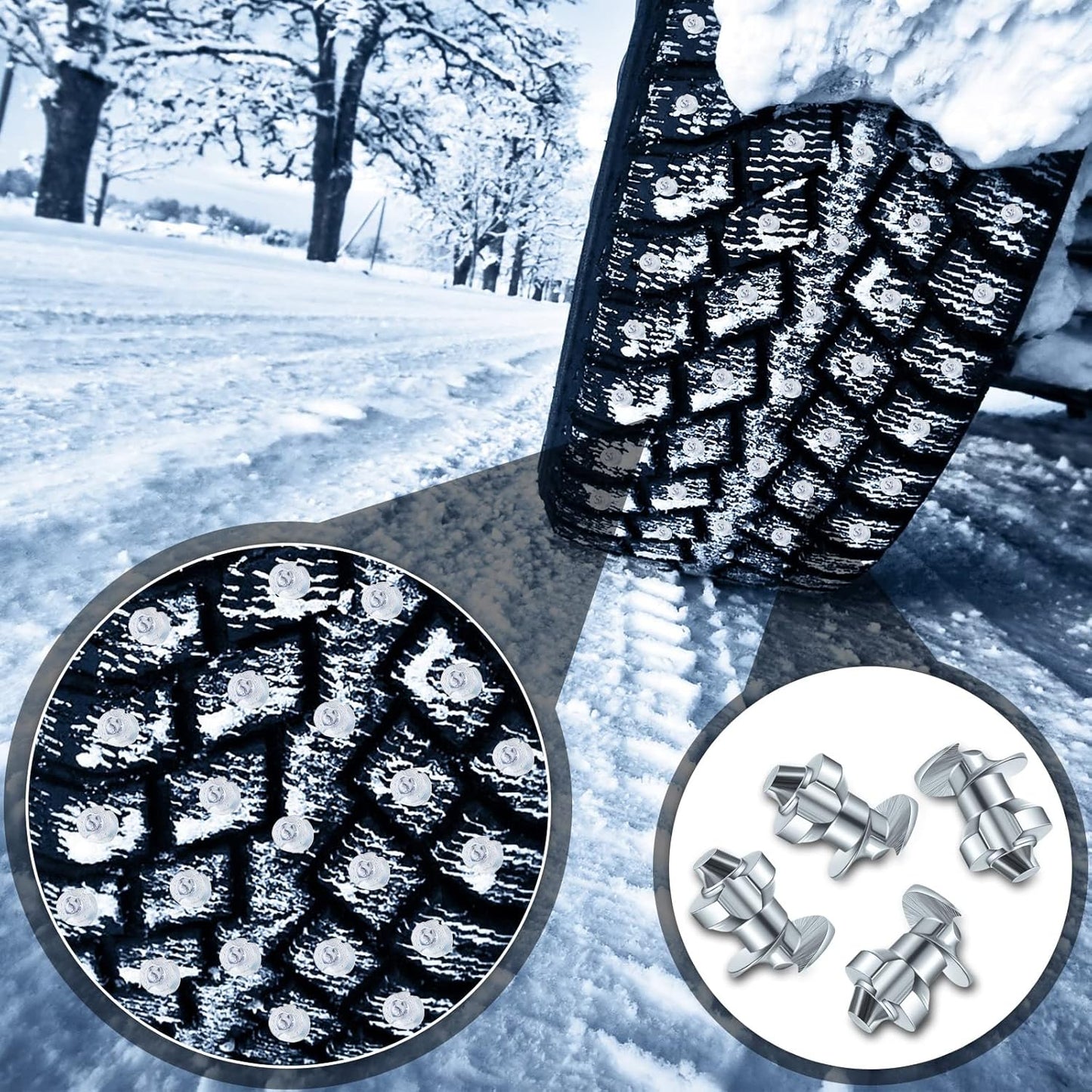 Carbide Spikes for Truck Tires - Snow Studs for Snowmobile & Racing Car - 7 x 9.9 mm (101 Pieces) with Installation Tool