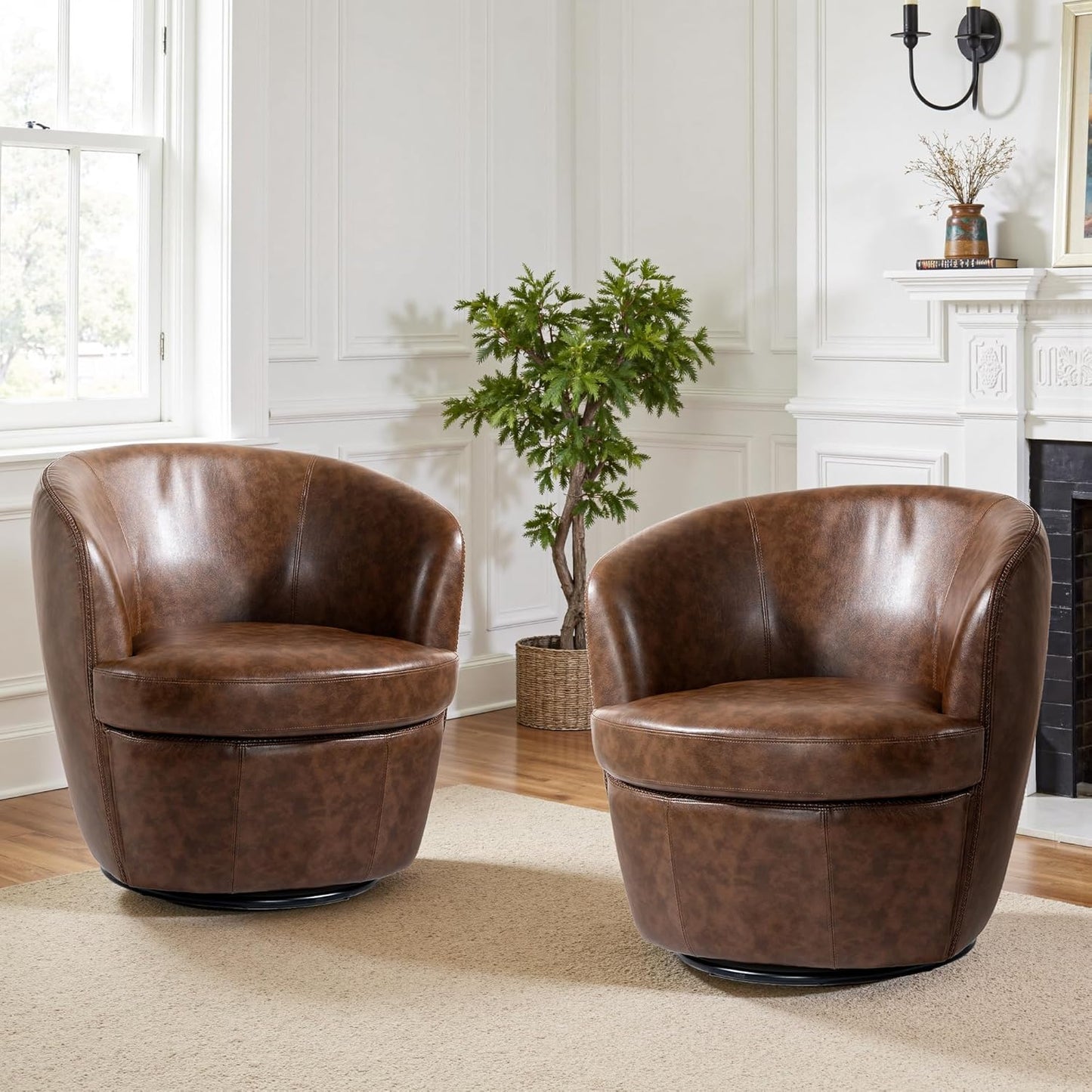 UIXE PU Leather Swivel Barrel Accent Chair, Modern Round Swivel Chair Comfy Upholstered Armchair for Living Room, Vintage Arm Chair Single Sofa Bedroom Reading Seats - Chocolate