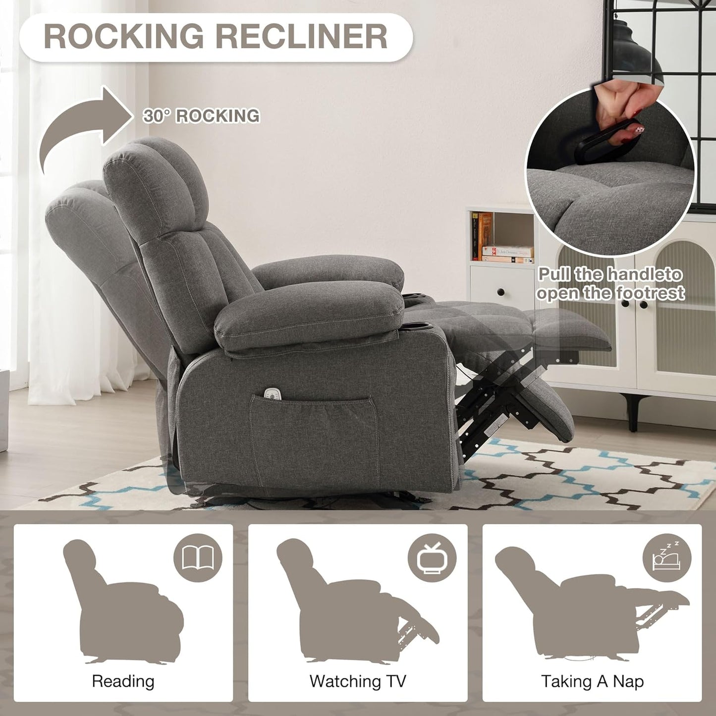 Rocker Massage Recliner Chair with Heat and Vibration Ergonomic Rocking Lounge Chair for Living Room Comfy Overstuffed Recliner with 4 Side Pockets,2 Cup Holders, USB Charge Port, Grey