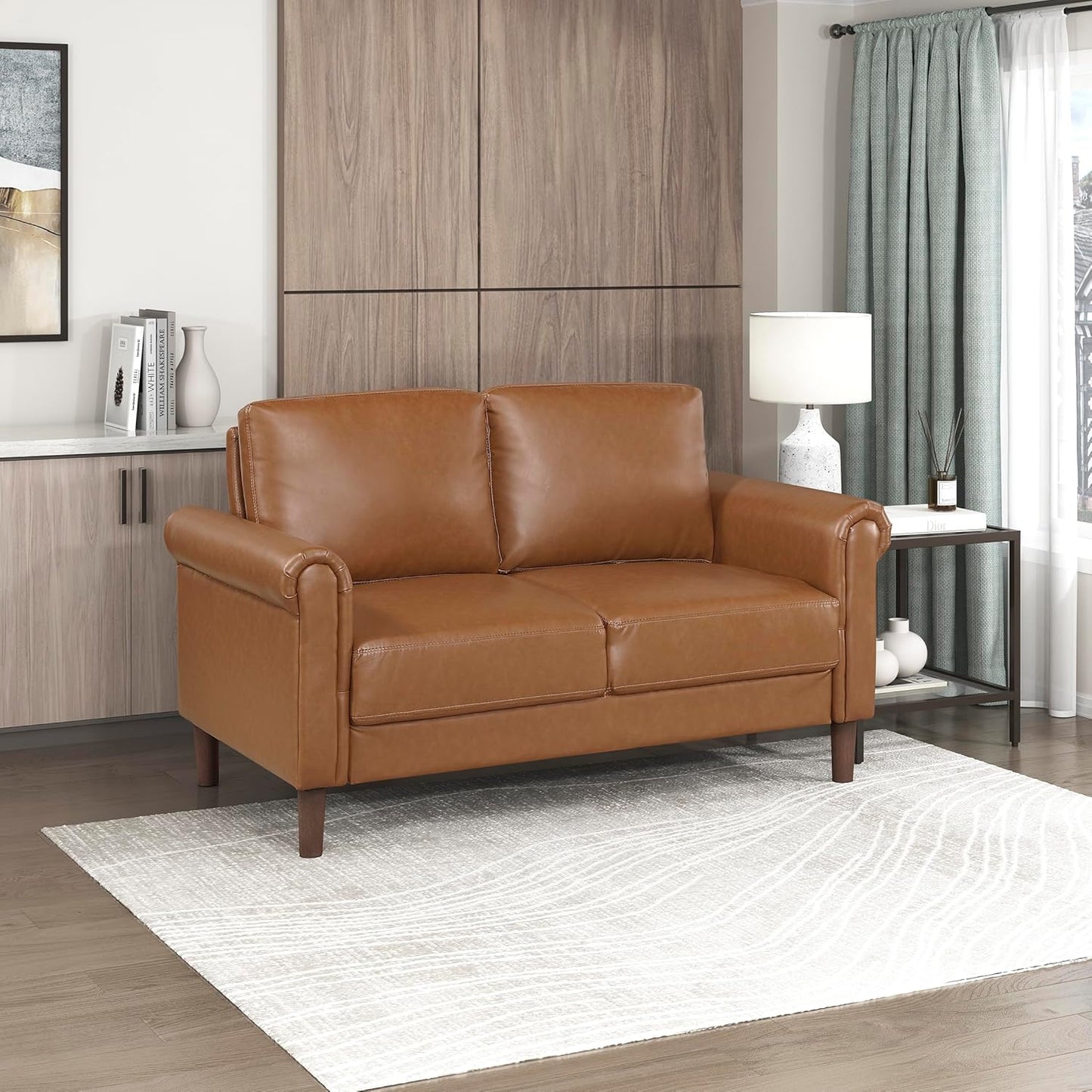 Lexicon 35" W Living Room Accent Chair, Faux Leather Upholstered Armchair with Rolled Arm for Bedroom/Office/Waiting Room, Single Sofa Chair, Chocolate