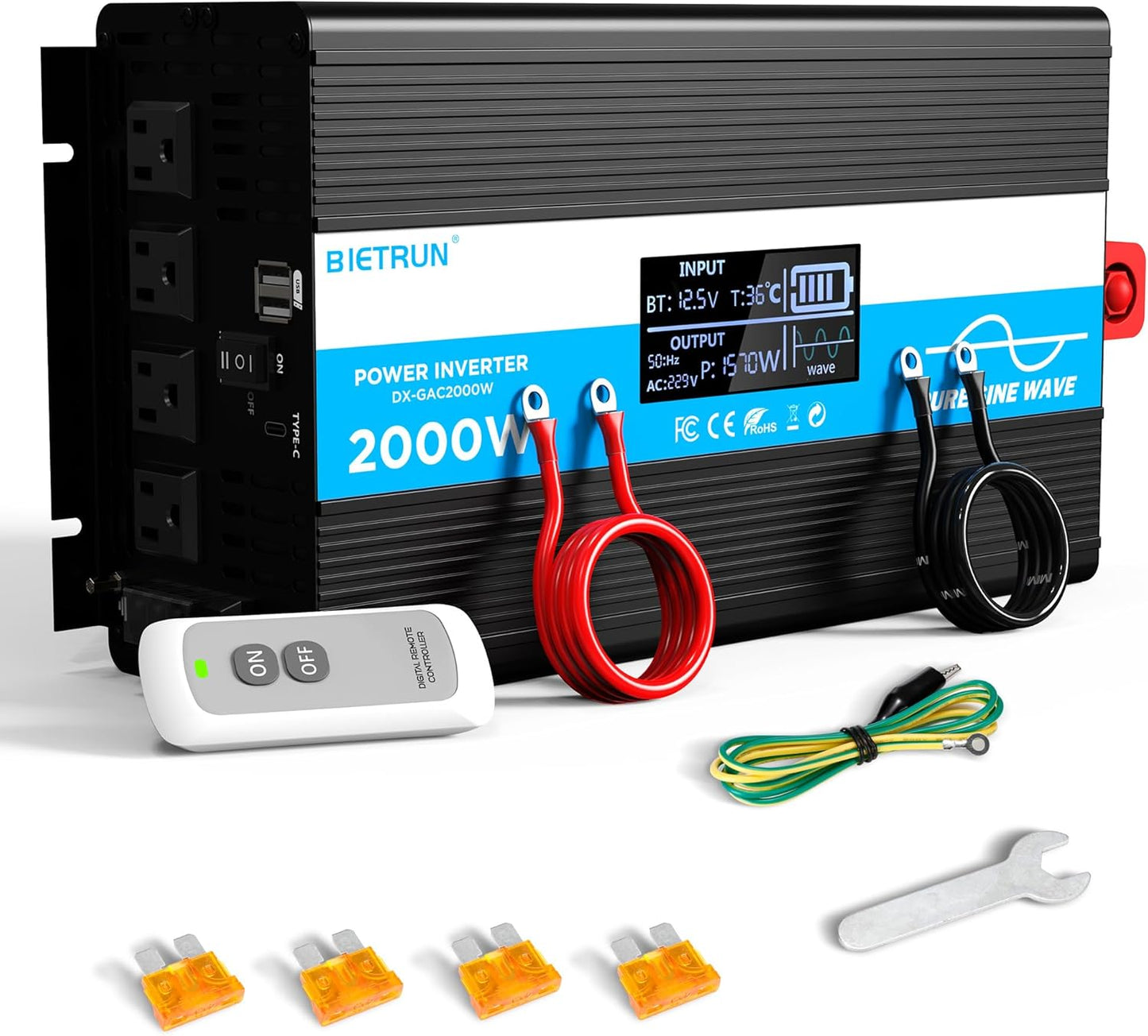 2000W Pure Sine Wave Inverter, Car Power Inverter 12V to 120V AC Converter for RV, Truck, Solar, with 4 AC, 3 USB(5V 2.1A), Hardwire Port, Remote Controller, HD Display, Mult Protection, Surge 4000W