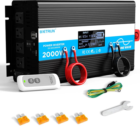 2000W Pure Sine Wave Inverter, Car Power Inverter 12V to 120V AC Converter for RV, Truck, Solar, with 4 AC, 3 USB(5V 2.1A), Hardwire Port, Remote Controller, HD Display, Mult Protection, Surge 4000W