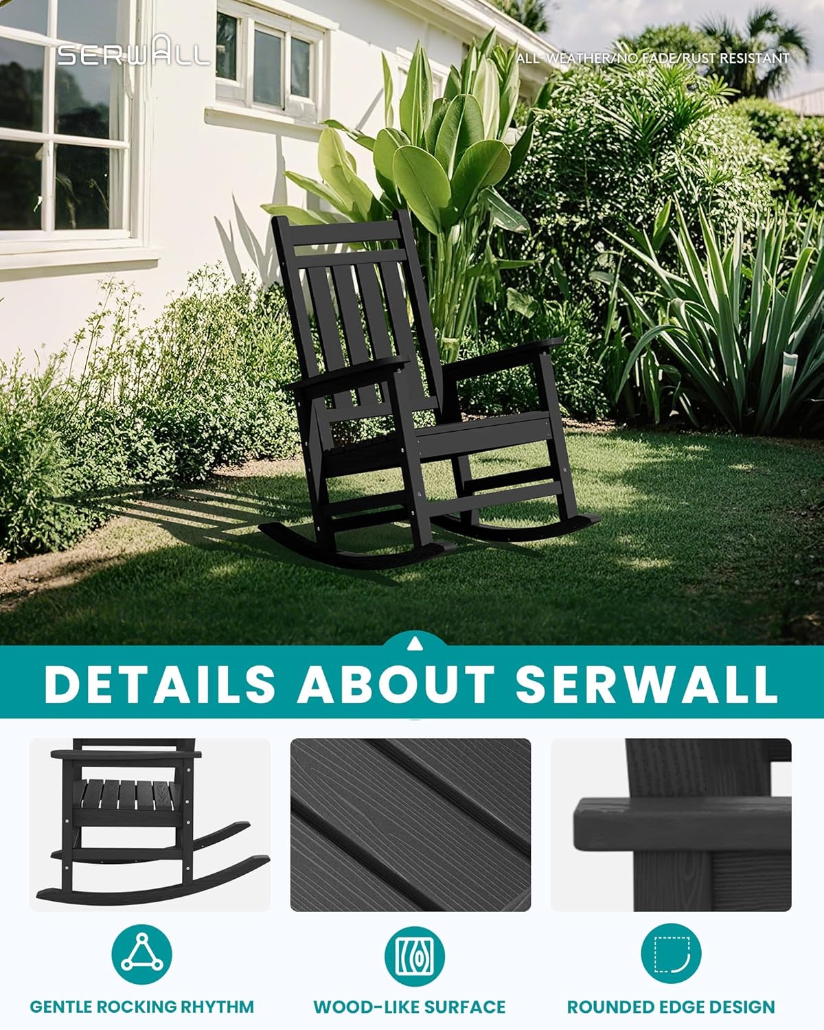 SERWALL Oversized Outdoor Rocking Chair Set of 4, HDPE Rocker for Adults, Patio Rocking Chairs for Porch, Black
