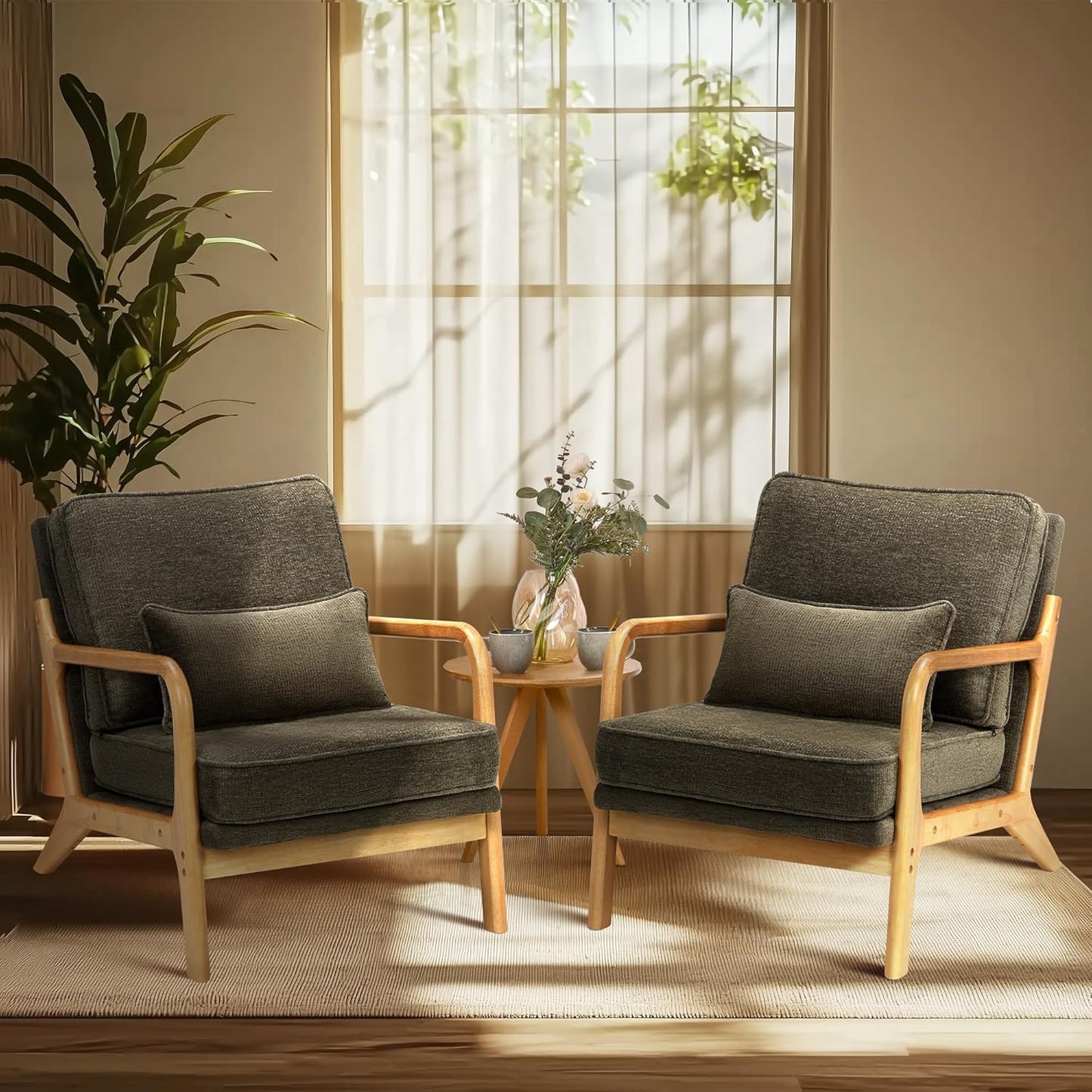 COLAMY Mid Century Modern Accent Chair Set of 2 with Lumbar Pillow, Relaxing Armchair with Solid Wood Frame & Soft Cushion, Reading Leisure Chair for Living Room（Beige）