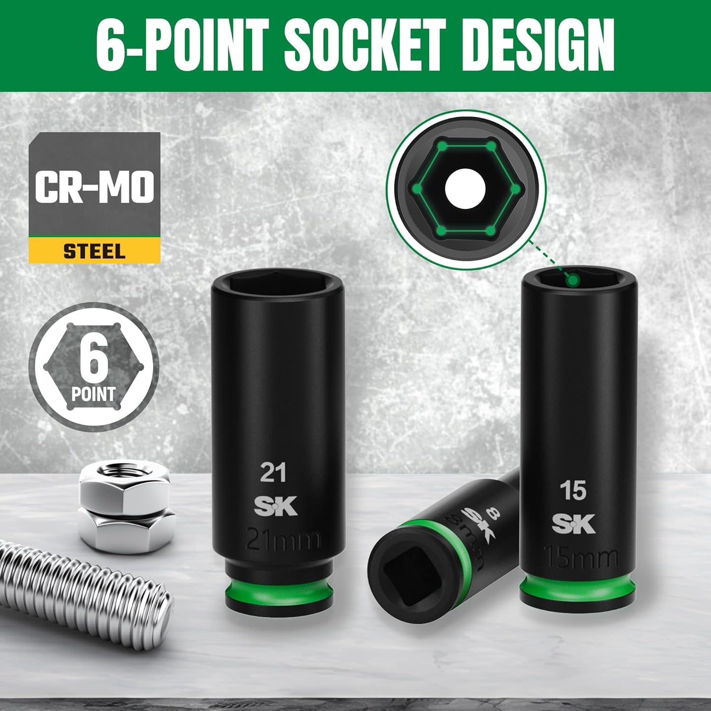 SK 3/8" Drive Impact Socket Set, Deep Metric Sockets, 13-Piece 8 to 21mm, Premium CR-MO Steel, SureGrip 6 Point Design, with Aluminum Socket Organizer