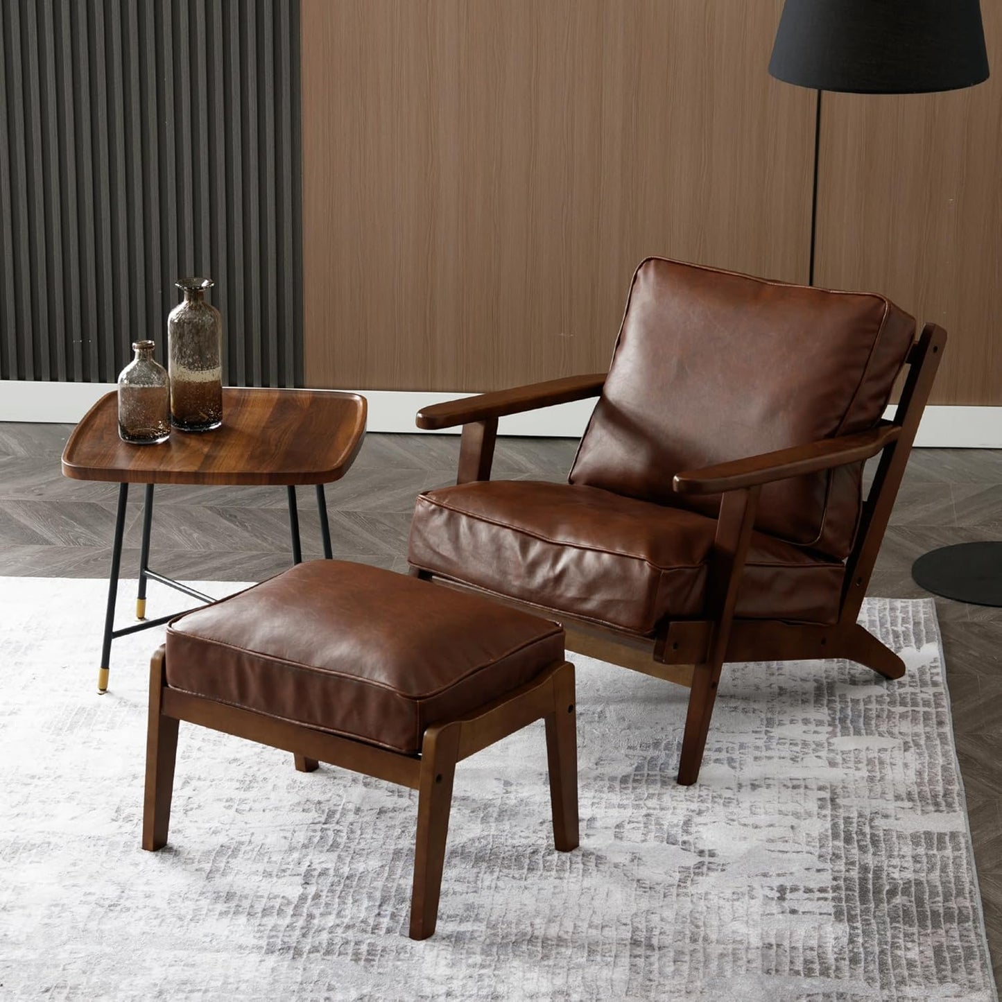 Comfy Accent Chair with Ottoman, PU Faux Leather Living Room Reading Chair Armchair, Upholstered Side Chair Mid Century Modern Sofa Lounge Chair for Bedroom/Guest Room, Brown