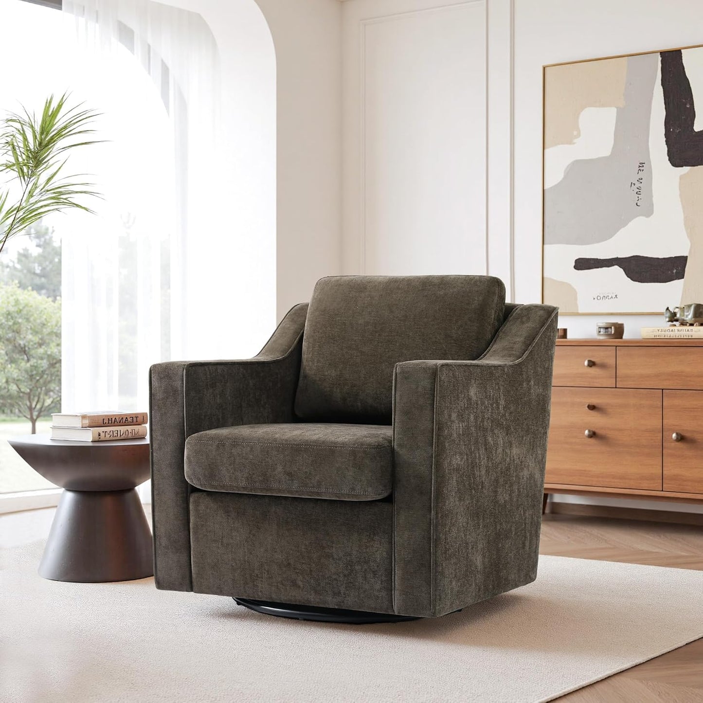 UIXE Swivel Accent Chair Set of 2, Chenille Upholstered Arm Chair for Living Room, Modern Club Armchair Comfy Single Sofa Bedroom Reading Seat with Lumbar Pillow - Coffee