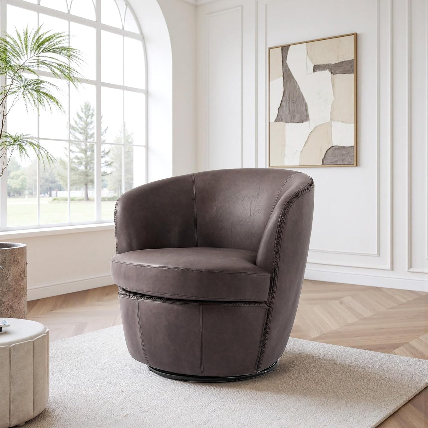 UIXE PU Leather Swivel Barrel Accent Chair, Modern Round Swivel Chair Comfy Upholstered Armchair for Living Room, Vintage Arm Chair Single Sofa Bedroom Reading Seats - Chocolate
