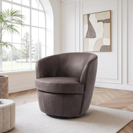 UIXE PU Leather Swivel Barrel Accent Chair, Modern Round Swivel Chair Comfy Upholstered Armchair for Living Room, Vintage Arm Chair Single Sofa Bedroom Reading Seats - Chocolate