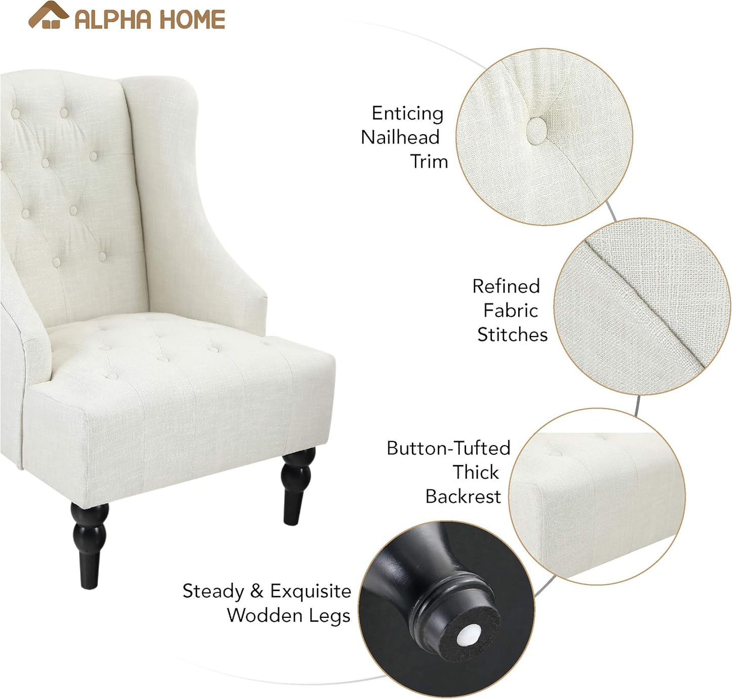 ALPHA HOME Accent Living Room Chair Wingback Armchair High Back Swoop Button-Tufted Club Reading Chair Mid-Century Retro Modern Home Theater Seating Linen Fabric Upholstered, Light Beige