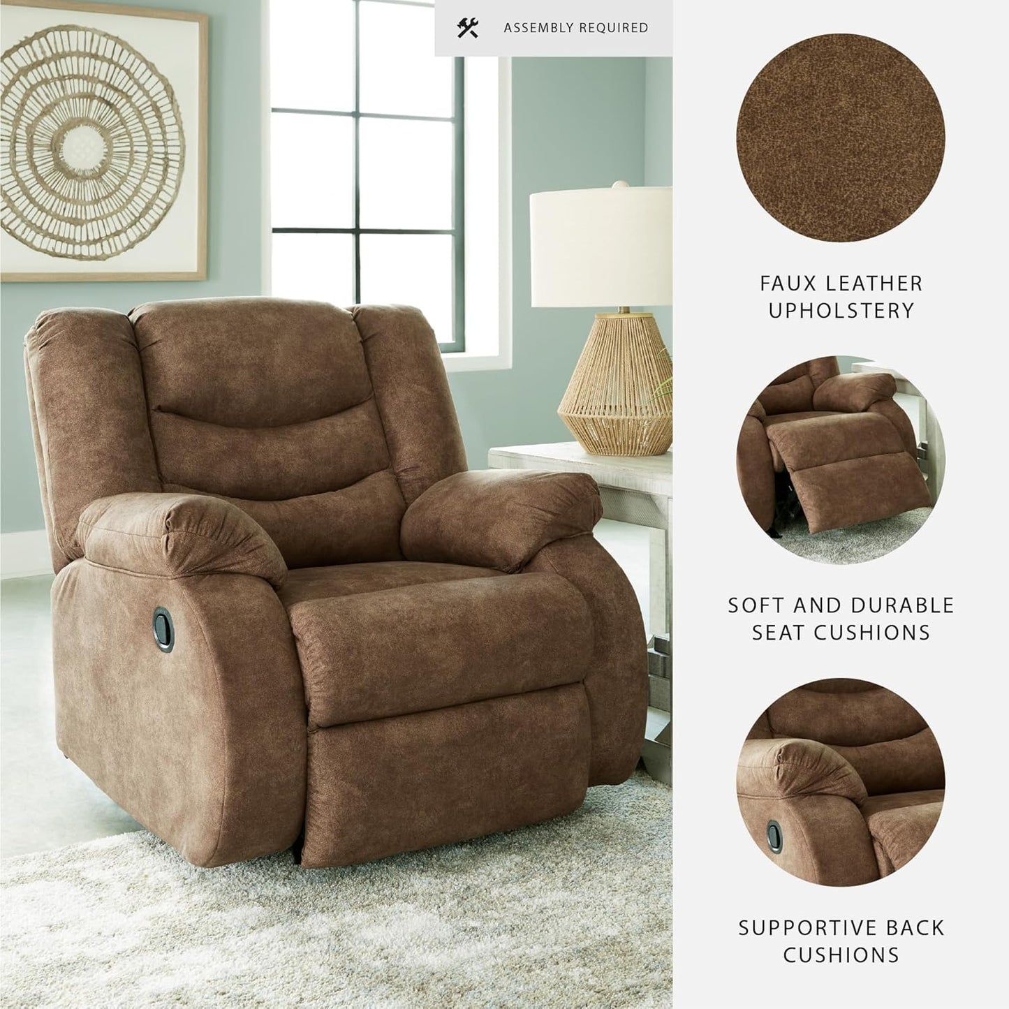Signature Design by Ashley Partymate Contemporary Faux Leather Manual Rocker Recliner, Dark Brown