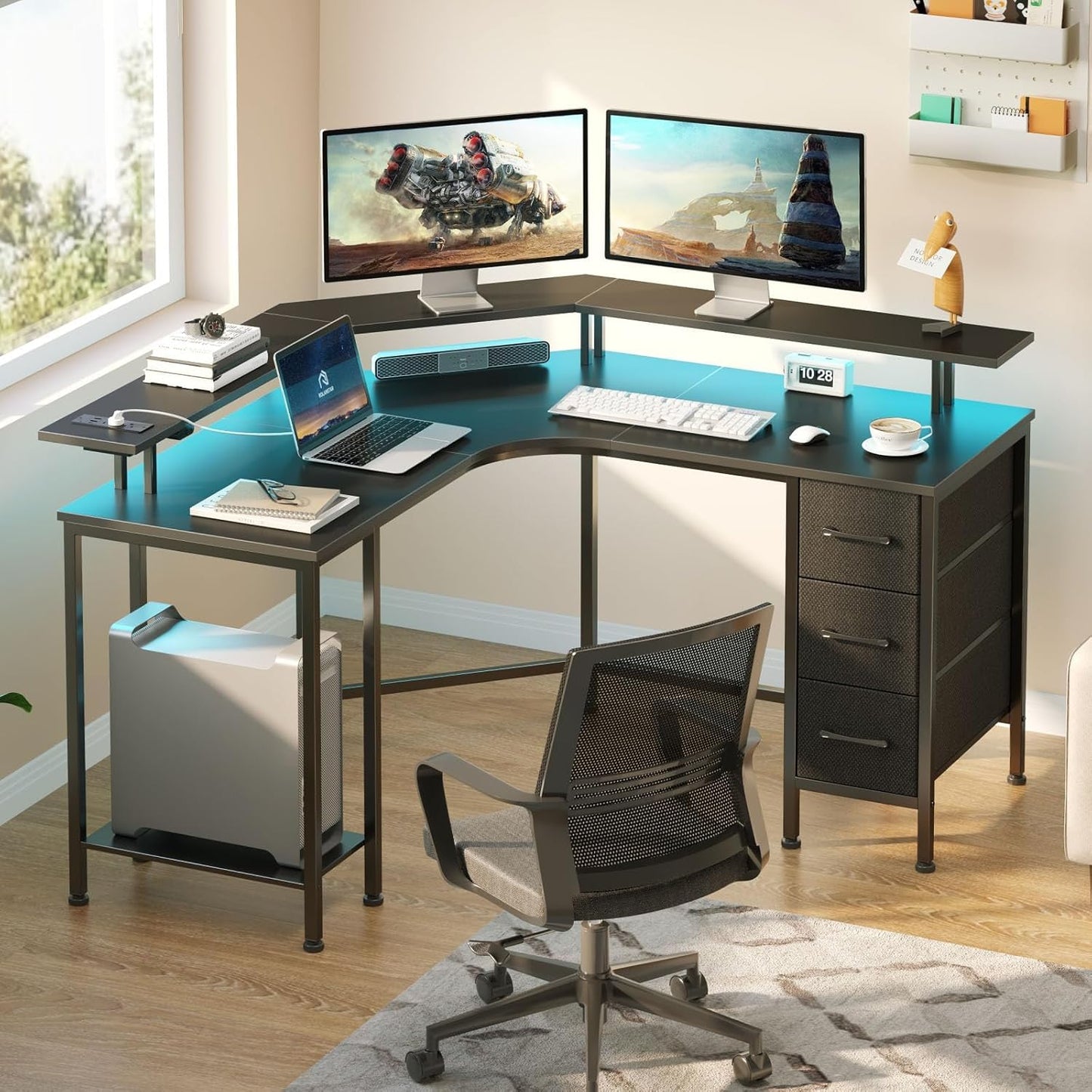 Seventable Corner Desk with Power Outlets & 3 Drawers, 44.6" Reversible Small L Shaped Computer Desk with LED Lights, Gaming Desk with Storage Shelves, Home Office Desk with Monitor Stand, Black