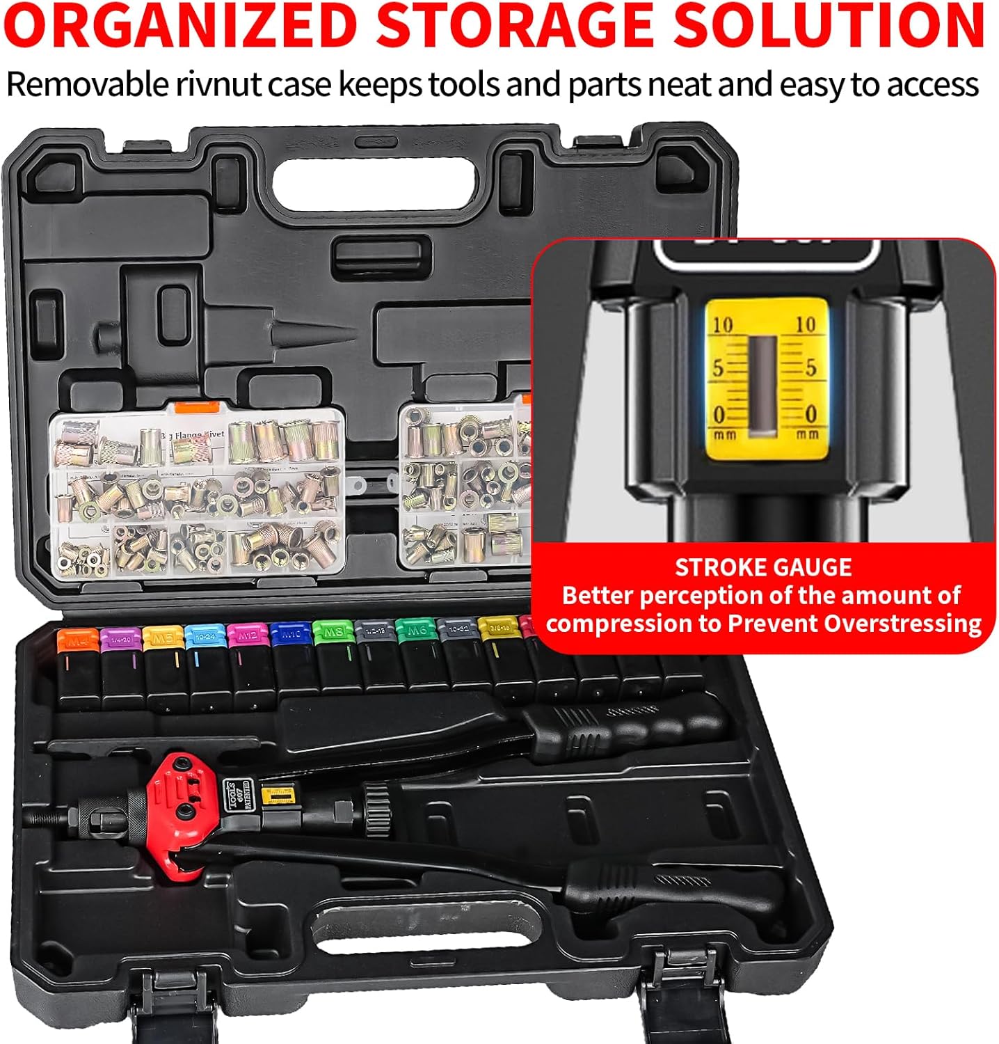 Rivet Nut Tool Kit, 16-Inch Rivnut Tool with 15 Metric & SAE Mandrels and Rivet Nut Gun, 200pcs Rivnut Tool Kit Assortment, Nutsert Tool Kit with Carrying Case