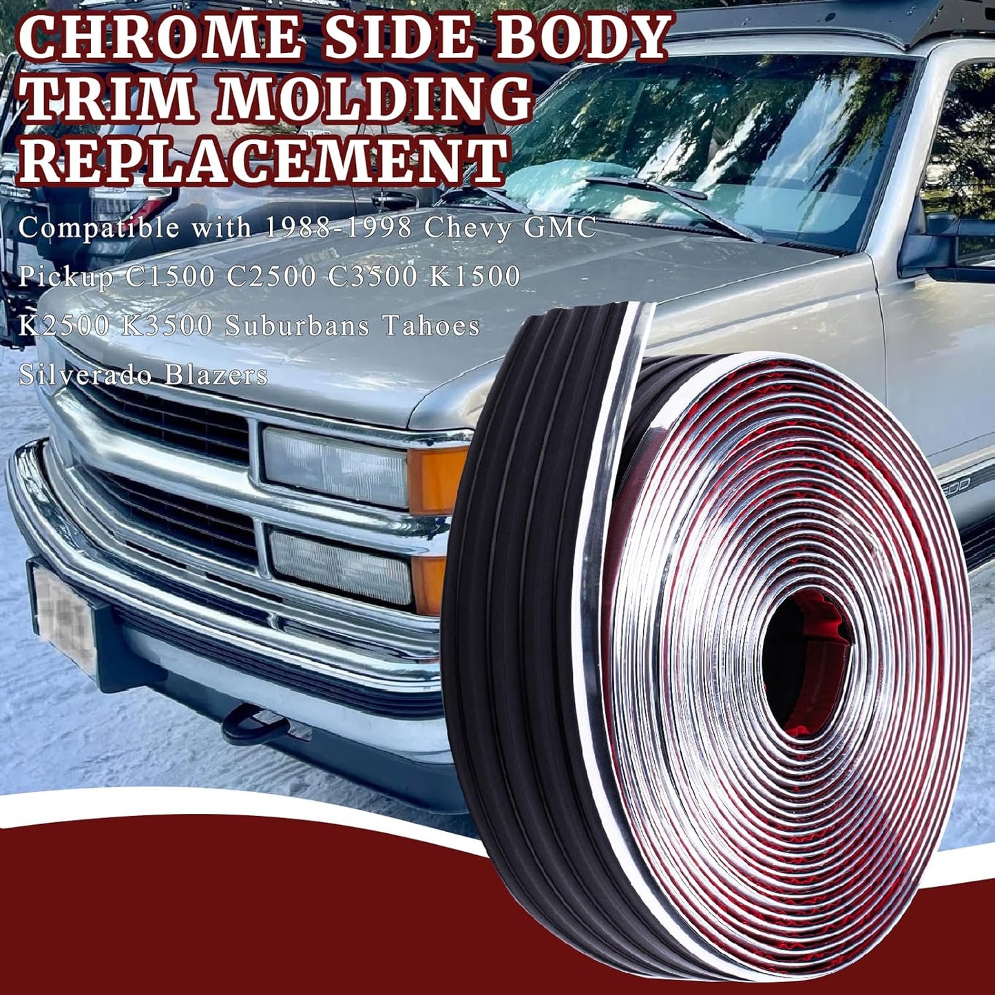 Chrome Side Body Trim Molding Replacement Compatible with 1988-1998 Chevy GMC Pickup C1500 C2500 C3500 K1500 K2500 K3500 Suburbans Tahoes Silverado Blazers Service Body Truck Accessories 320"L 2.5"W