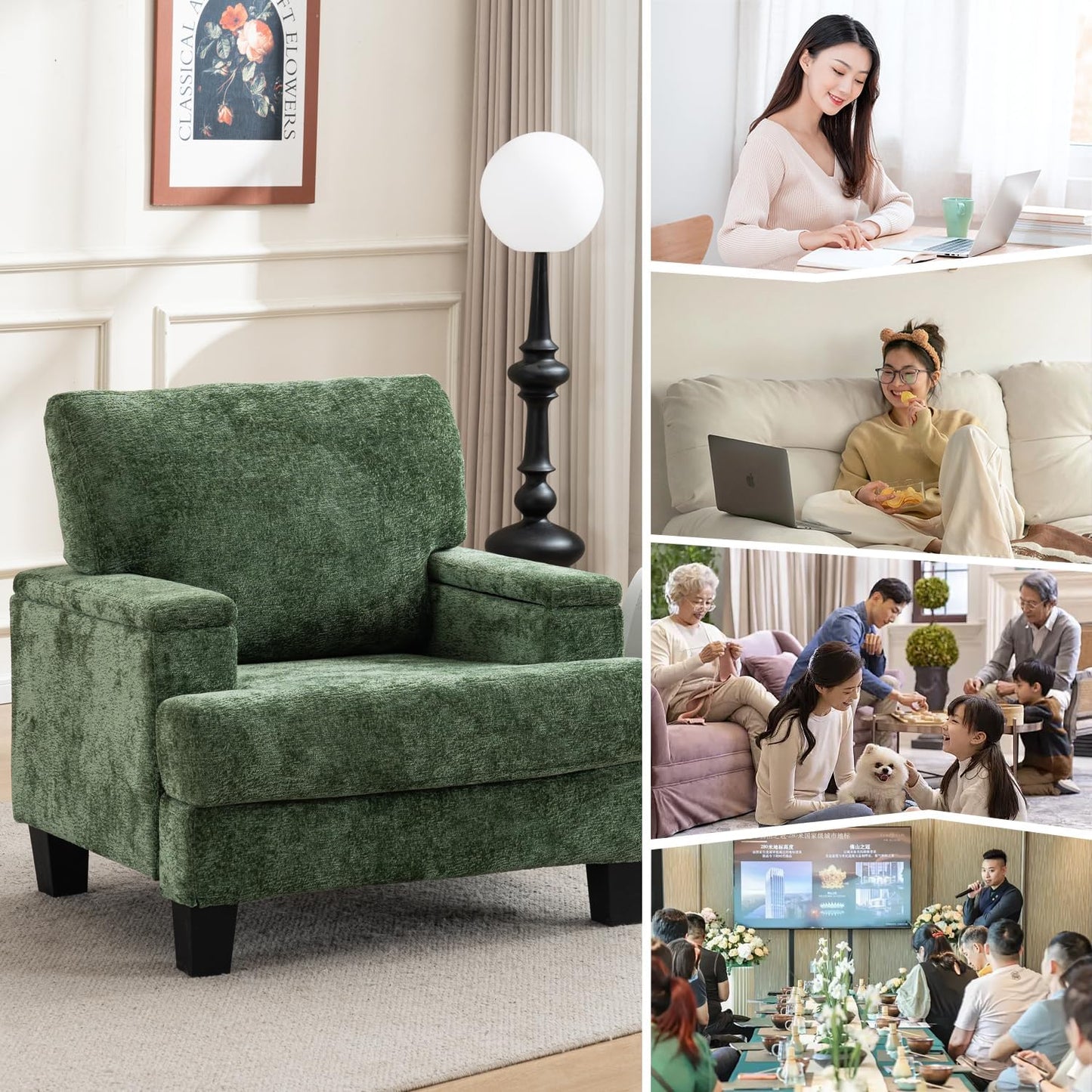 Oversized Accent Chair, Comfy Living Room Chairs with High-Density Sponge & Breathable Fabric, 32"x34"x38" Reading Chair, Cozy Armchair for Bedroom (2, Green, Oversized)