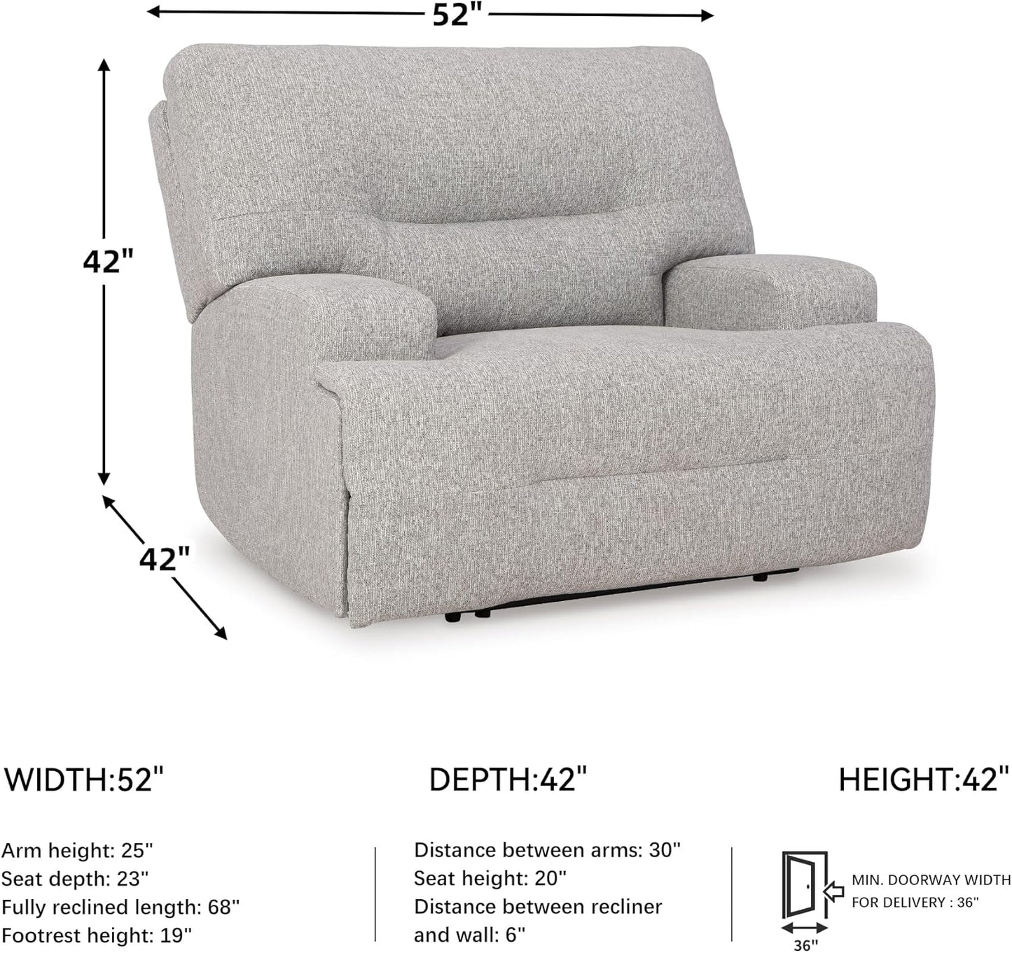 Signature Design by Ashley Acklen Place Contemporary Indoor Zero-Gravity Stain Resistant Oversized Upholstered Power Recliner with Adjustable Headrest and USB Port, Light Gray