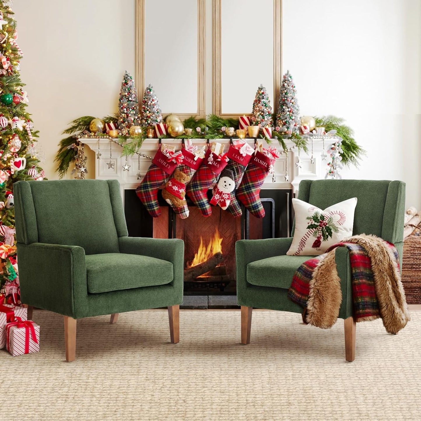 COLAMY Modern Wingback Living Room Chair Set of 2, Upholstered Fabric Accent Armchair, Single Sofa Chair with Lounge Seat and Wood Legs for Bedroom/Office/Reading Spaces, Beige