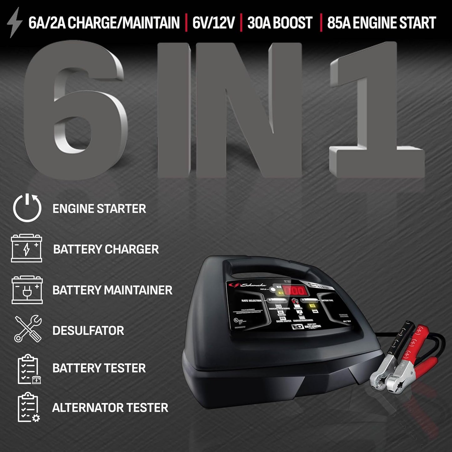 Schumacher Electric 6A Car Battery Charger and 85A Engine Starter, 6-in-1 Solution, Maintainer, 30A Boost, for 6V/12V Power Sport, Automotive, and Marine Batteries, SC1307