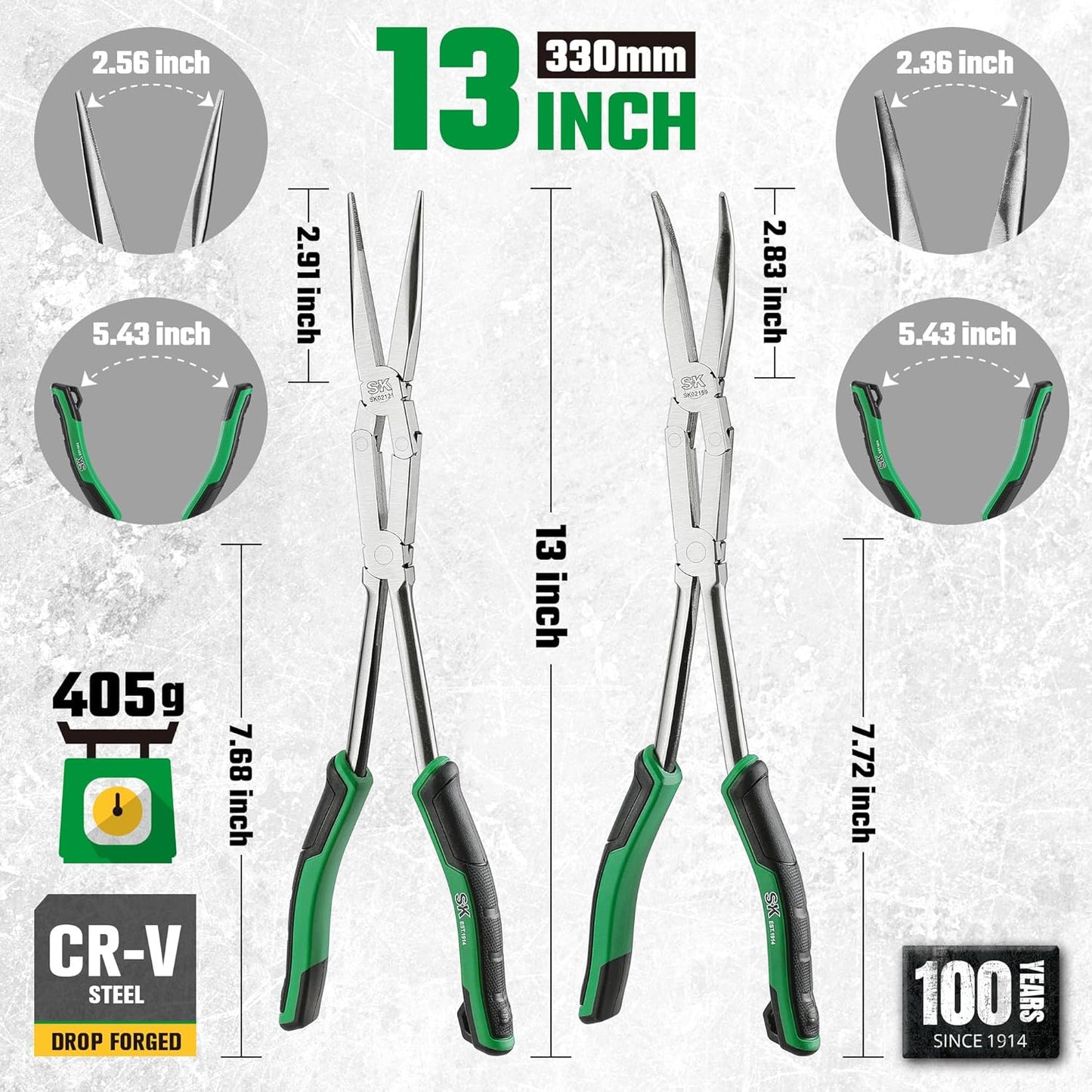 SK 2-Piece Double Compound Long Reach Pliers Set, 13-Inch Straight Long Nose Pliers, 45° Bent Nose, with Comfort Grips, Premium CR-V Steel Construction