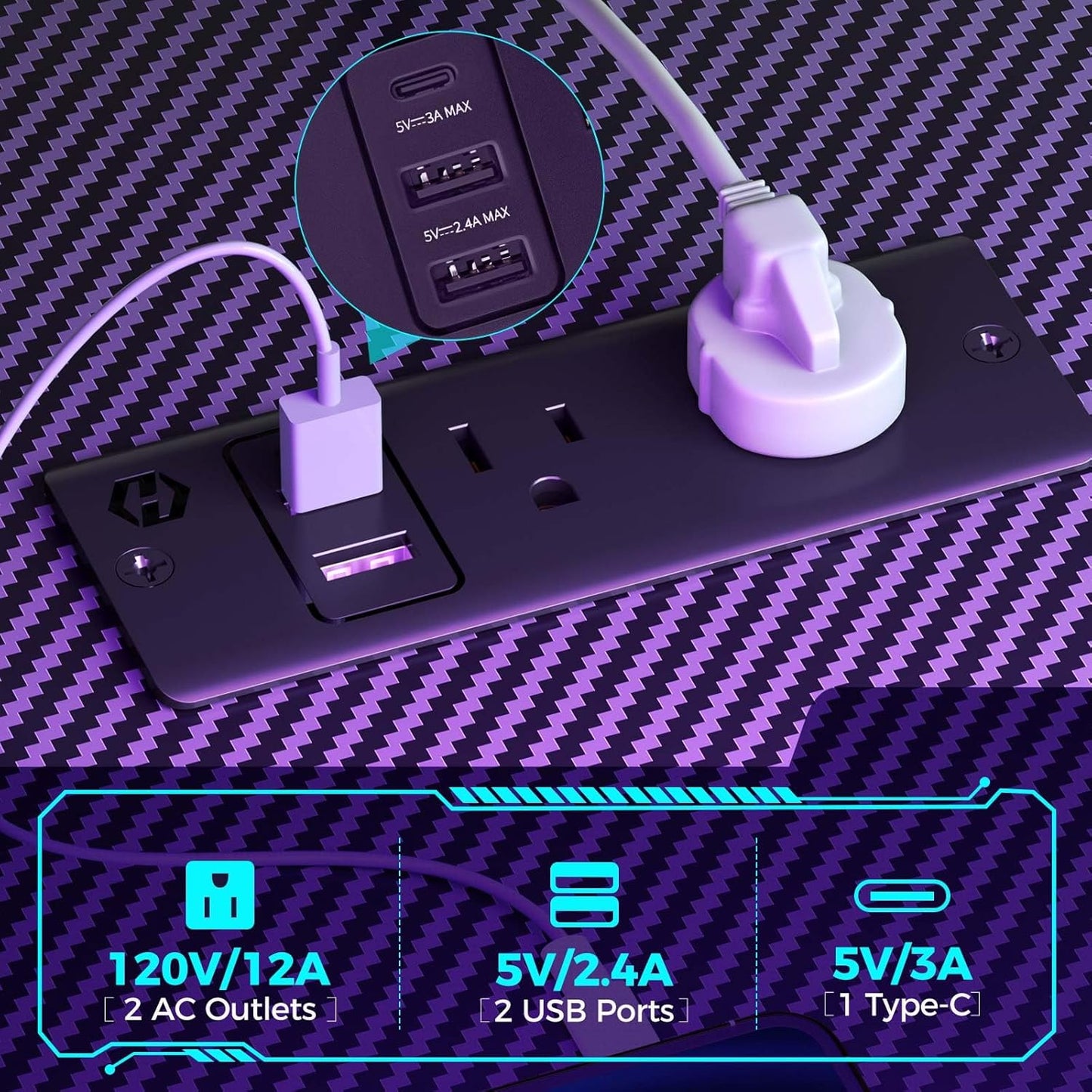 SEVEN WARRIOR Z Shaped Gaming Desk with LED Lights & Power Outlets, 47" Computer Desk with Monitor Shelf, Home Office Desk with Cup Holder and Headphone Hook, Ergonomic, Carbon Fiber Surface Black