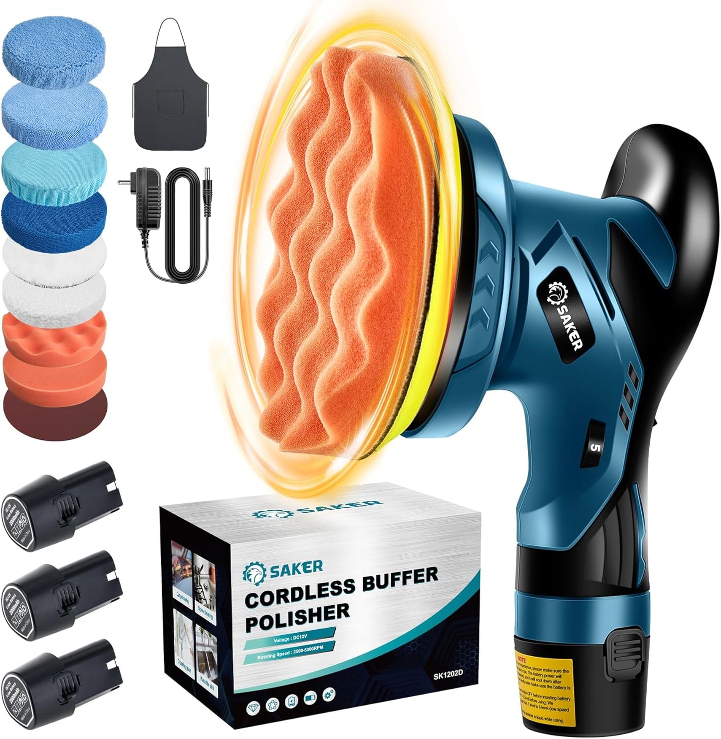Saker Cordless Car Buffer Polisher - 6 Inch Portable Waxer Machine Kit with 2x2000mAh Batteries & 6 Variable Speed, Extra 16 PCS Attachments, Polisher for Car Detailing, Scratch Removing