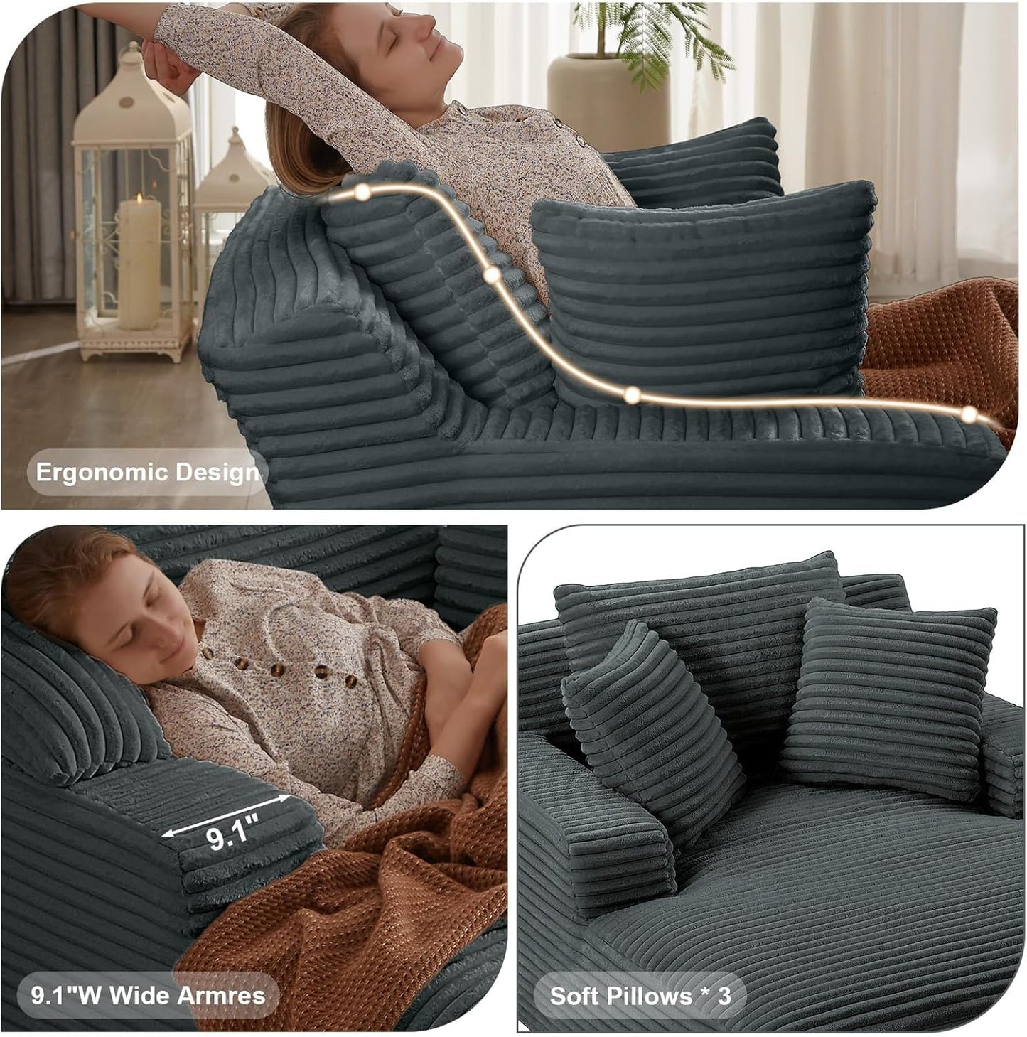 50" W Oversized Boneless Chaise Lounge Sofa Chair Indoor, Corduroy Plush Reading Cloud Couch, No Assembly Single Floor Sleeper Chair Bed for Living Room Apartment Office Small Spaces