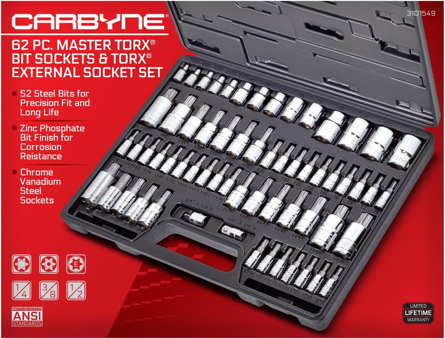 CARBYNE 62-Piece Master Torx Bit Socket Set & External (eTorx) Socket Set, Includes T6 - T70, TT6 - TT70, TP8 - TP60, E4 - E24| S2 Steel Bits, Cr-V Sockets, Durable Case | 1/4, 3/8, & 1/2 in. Drive