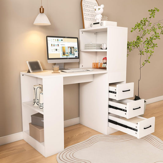43 Inch Computer Desk with Power Outlets, Small Computer Desk with 3 Slide Drawers, Home Office Desk with 4 Storage Shelves, Gaming, Corner Work Desk for Home Office, Study (White)