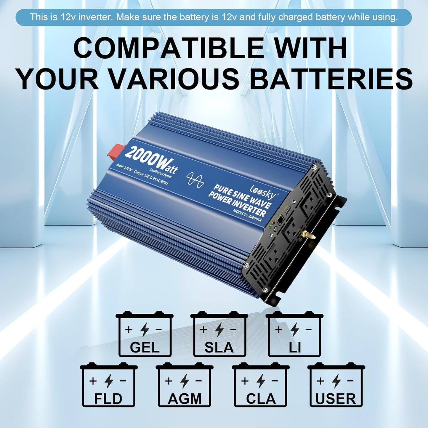 2000 Watt Pure Sine Wave Inverter, 12V DC to 120V AC Converter for RV Truck Off-Grid Solar Home Power Inverter with 3 AC Outlet, 5V 2.4A USB, Remote Control Compatible with Lithium Battery by LEESKY