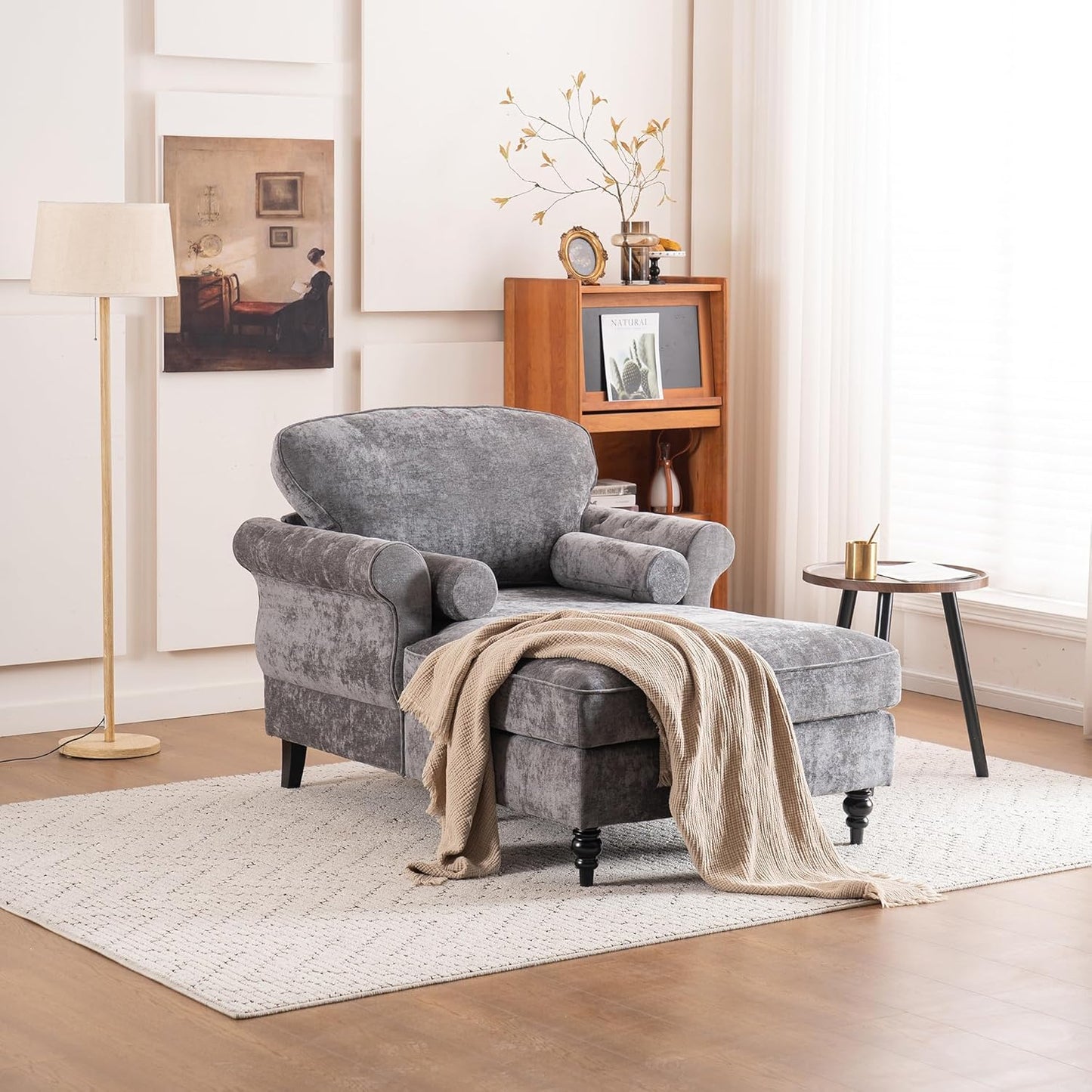 Chaise Lounge Chair Indoor with 2 Pillows, Leisure Upholstered Sofa Recliner, Chenille Single Chair for Living Room, Bedroom, Office (Orange)