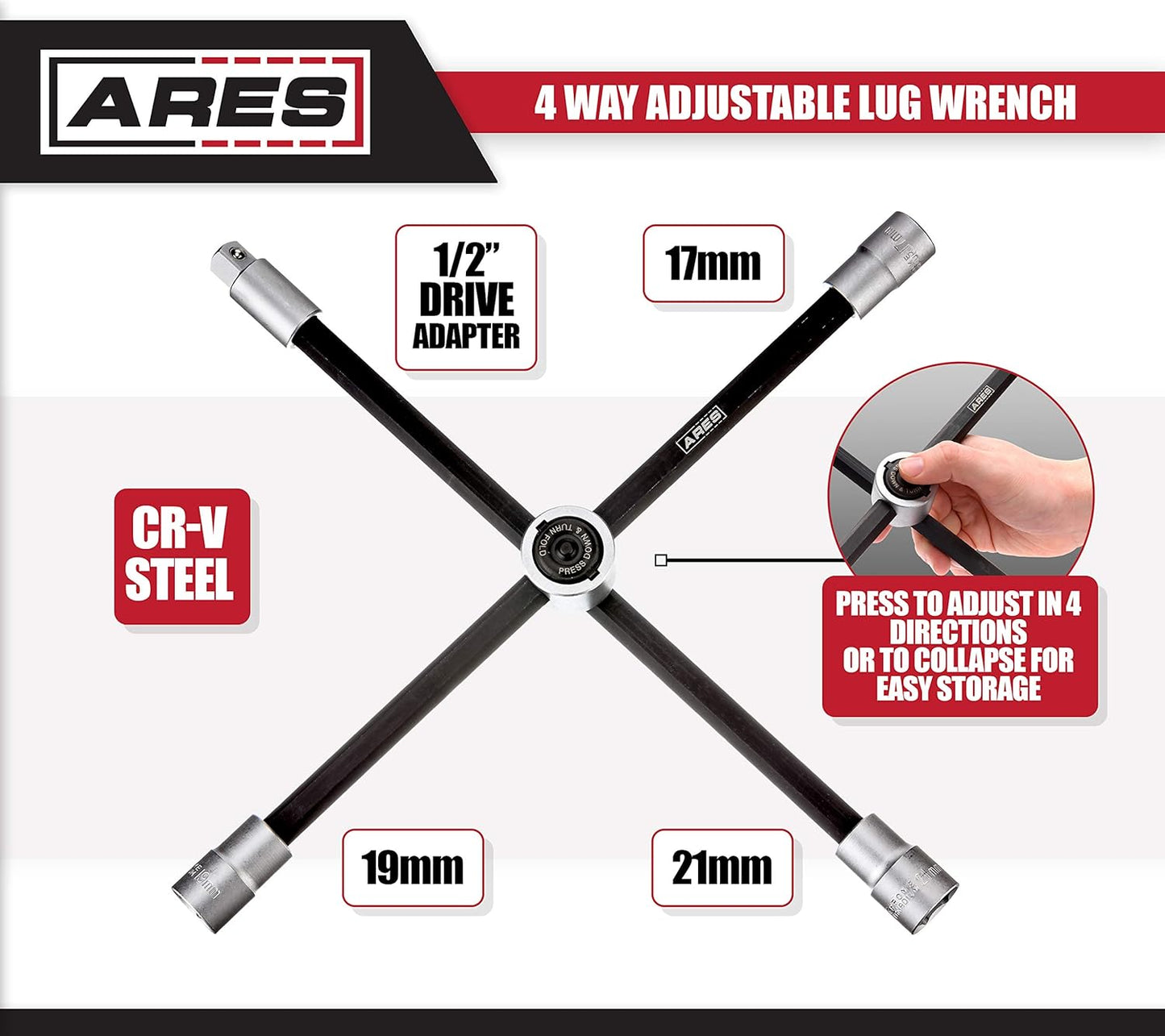 ARES 70092 - 4-Way Sliding Lug Wrench - Adjustable Sliding Lug Wrench Gives Superior Leverage - Collapses for Convenient Storage