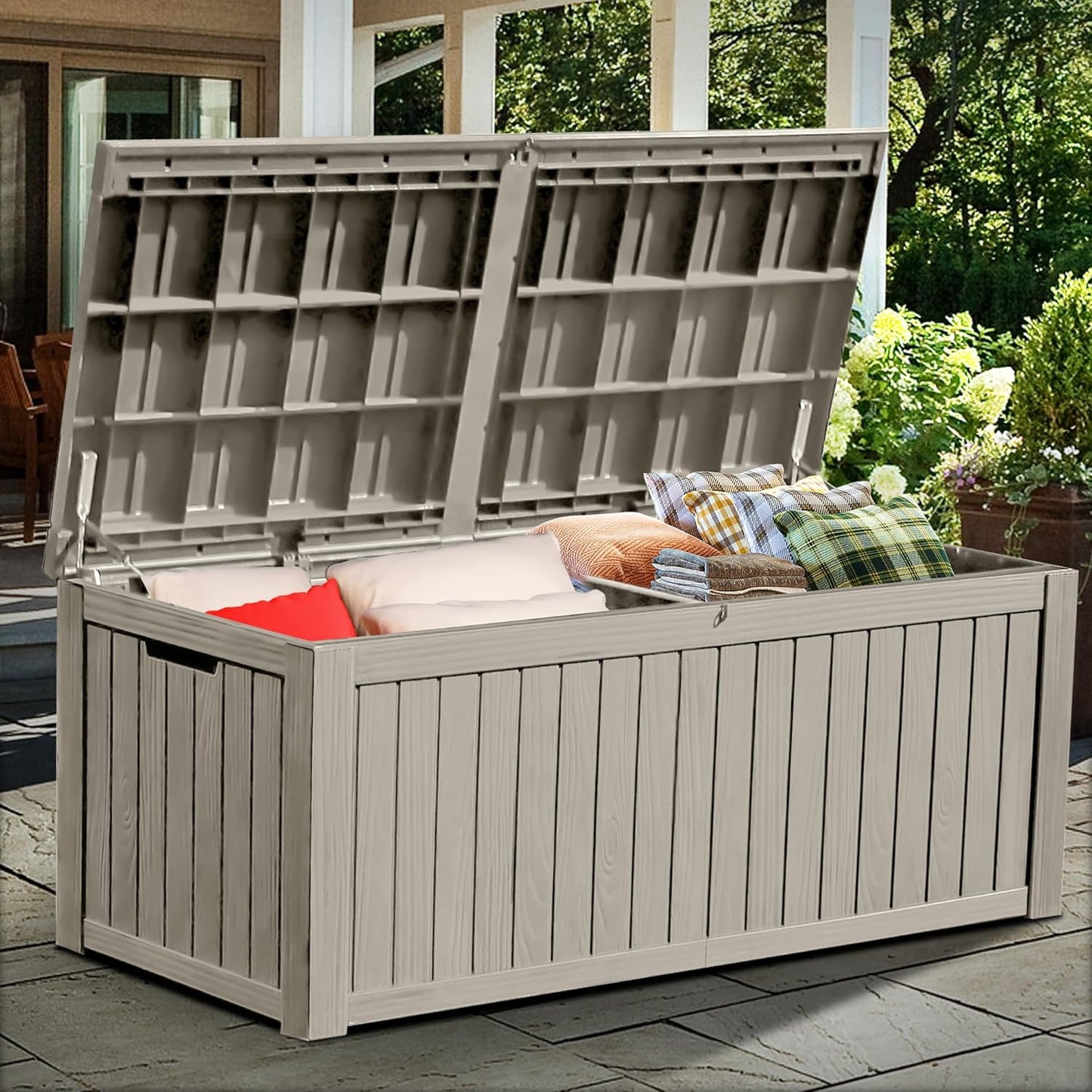 YITAHOME 120 Gallon Large Outdoor Storage Box with X-Shaped Front, Waterproof Resin Deck Box Cushion Storage Bench for Patio, Pool Supplies, Garden Tools - Lockable, Black