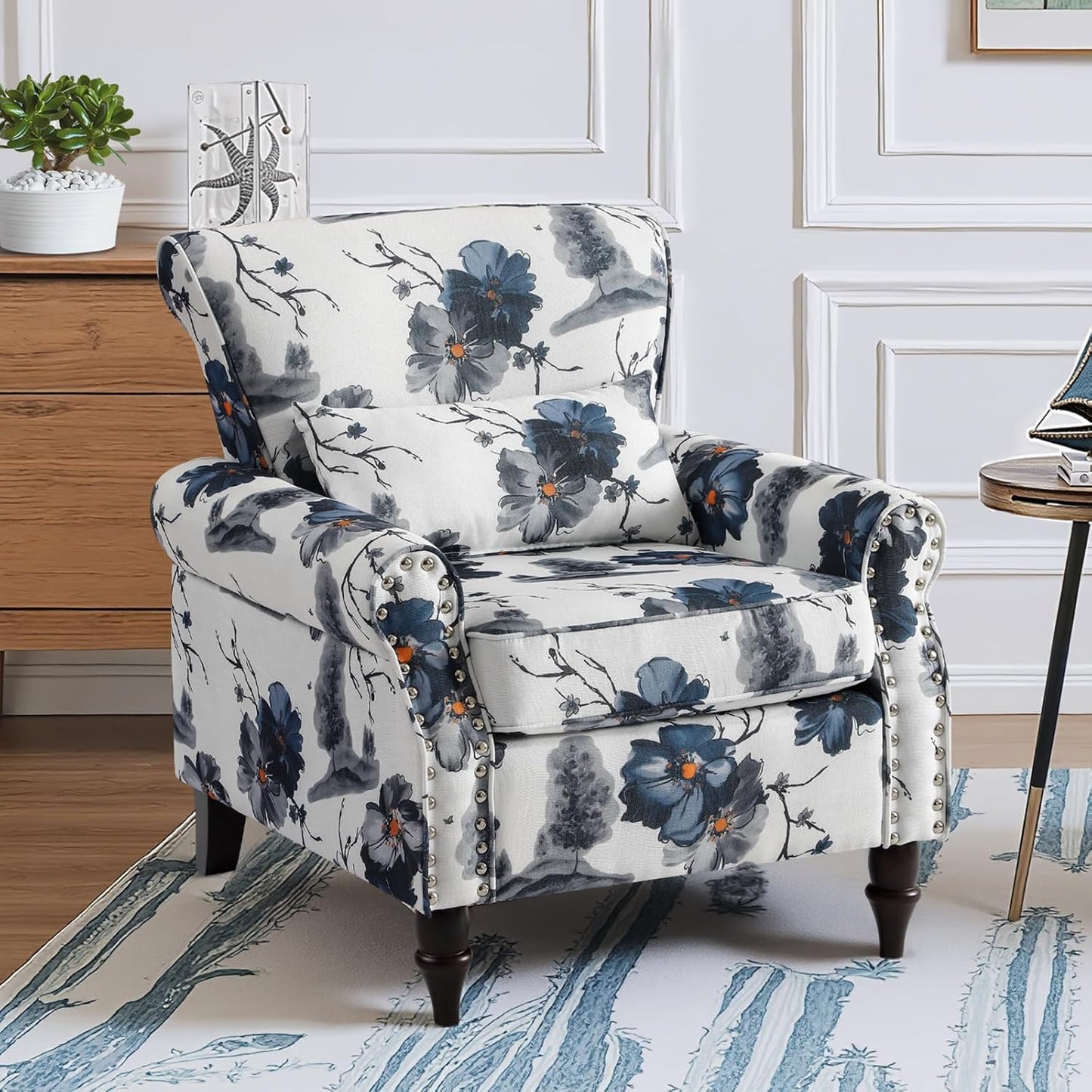 Wingback Accent Chair with Removable Pillow, High Back Floral Armchair with Solid Wood Legs & Nailhead Trim, Comfy Upholstered Reading Single Sofa Chair for Bedroom (2, Blue Floral Pattern)