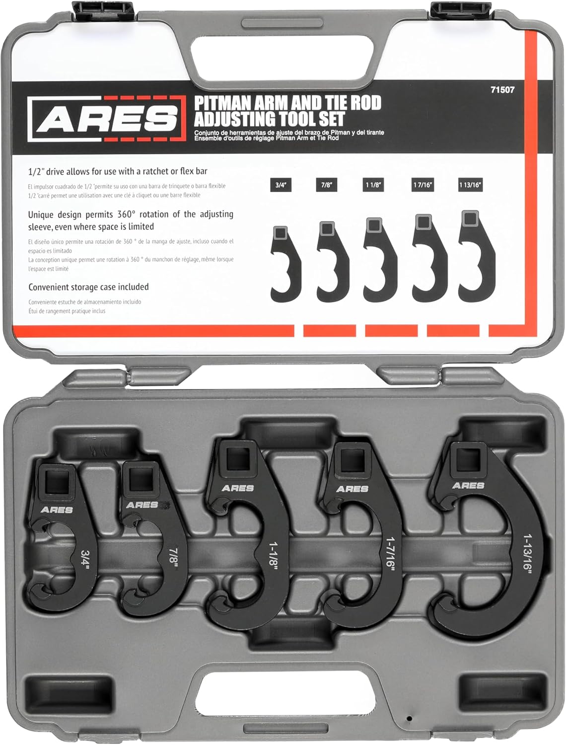 ARES 12109 – 13 Piece Master Inner Tie Rod Tool Set – Includes 12 Chrome Moly Crowfoot Wrench Adapters – Service Inner Tie Rods Without Removing Rack and Pinion – Includes Storage Case