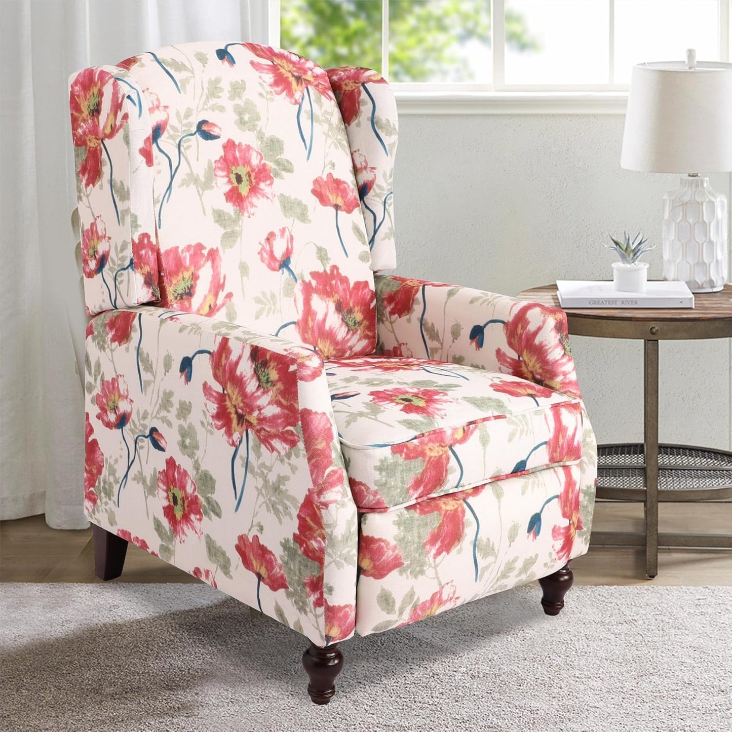 Set of 2 Wingback Recliner Chairs, Mid-Century Modern Push-Back Manual Recliners for Adults, Upholstered Floral Accent Chairs with Solid Wood Legs for Living Room & Bedroom, Blue