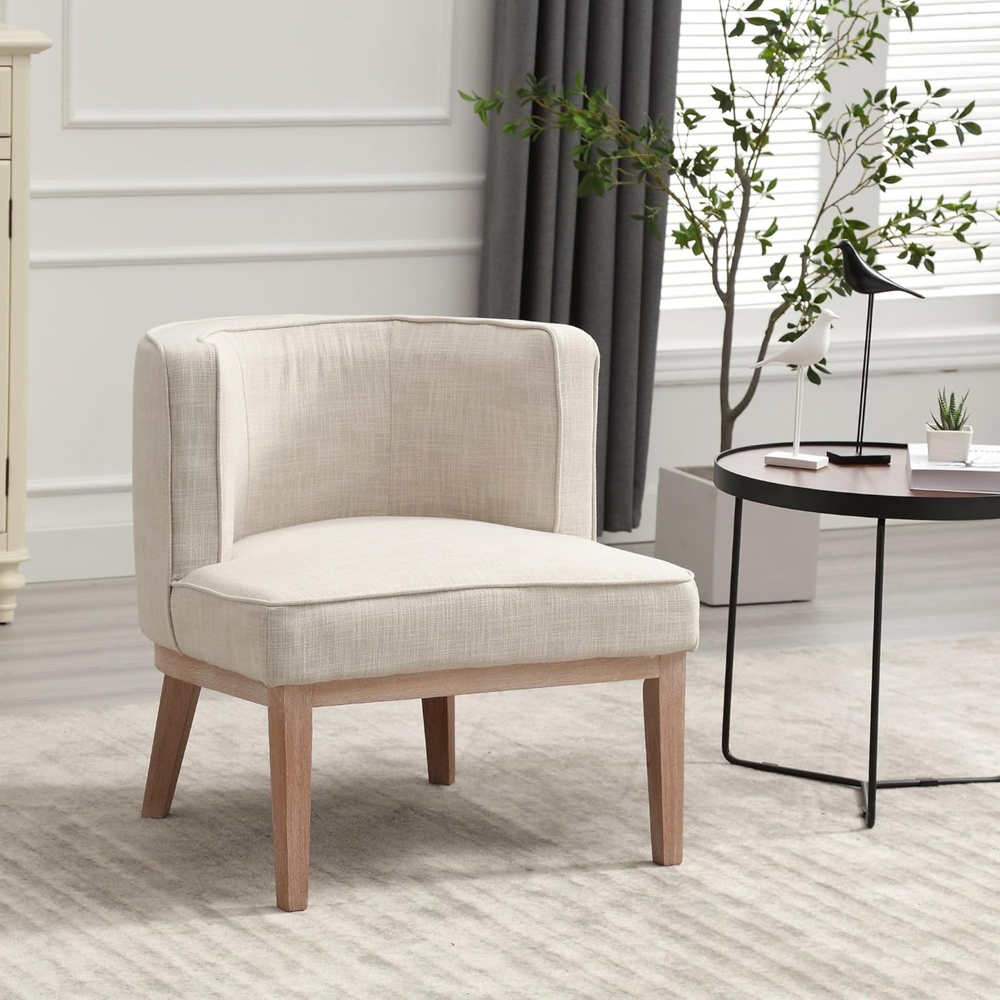 Set of 2 Arm Accent Chair Barrel Accent Chair with Wood Legs, Comfy Barrel Side Chair Linen Upholstered Reading Chairs with Back for Living Room Bedroom, Living Room Chair, Beige